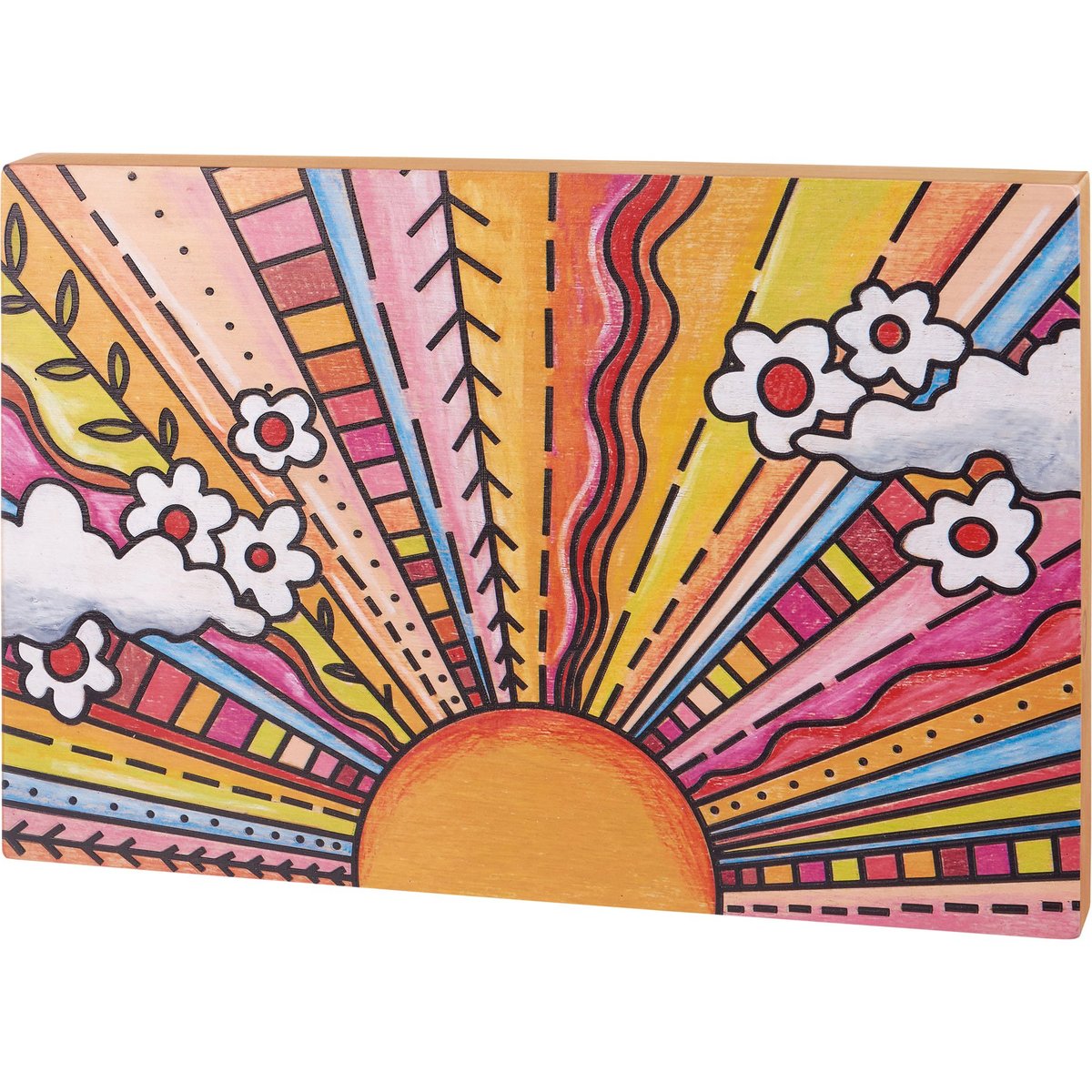 Vibrant Floral Sun Wooden Box Sign Wall Decor - Inspirational Artist Collective Artwork