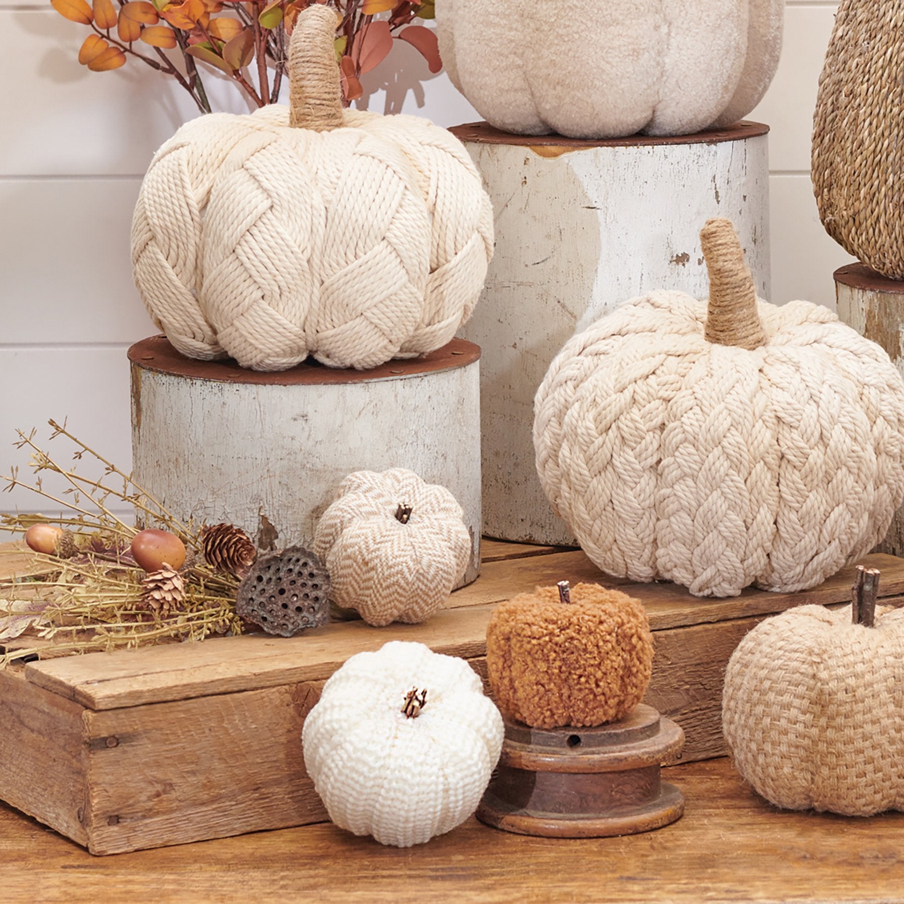 Cozy Knitted Pumpkin Set: 3 Rustic Fall Harvest Decorative Home Accents