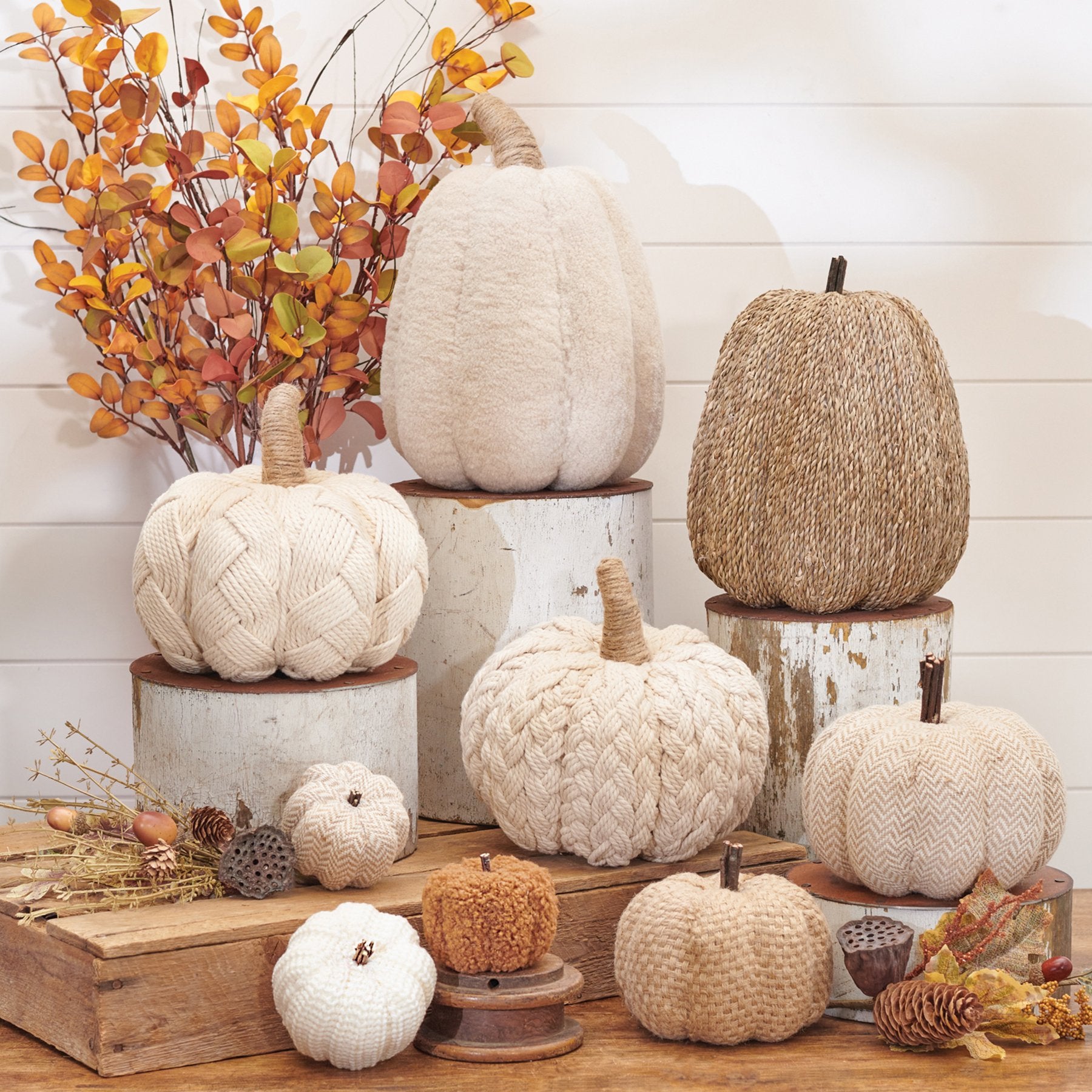 Cozy Cream Braided Pumpkin Decor with Jute Stem for Fall Harvest Display