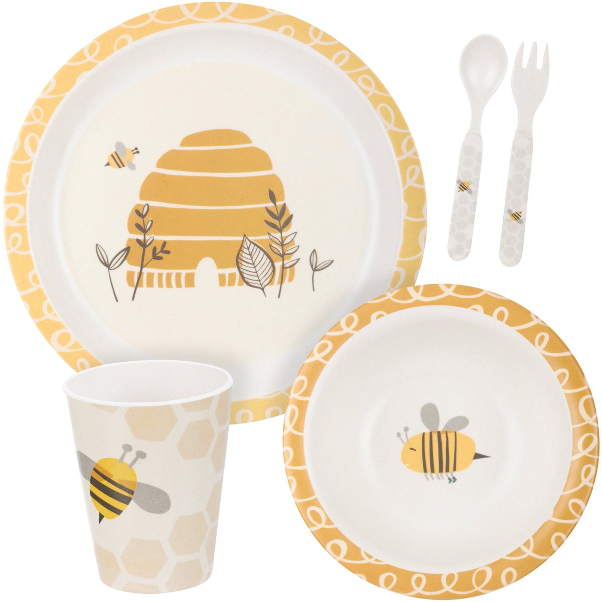 Adorable Bee Hive Skep Kids Meal Set - Durable 5-Piece Bamboo Fiber Dishware