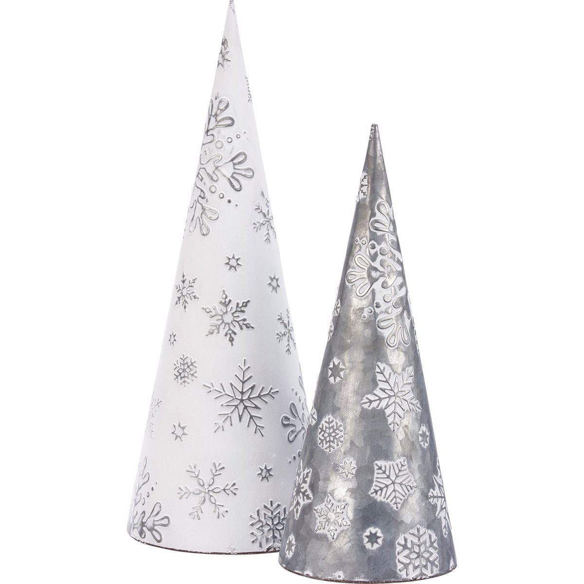 Set of Two Embossed Metal Snowflake Cone Christmas Trees Sitter Decor
