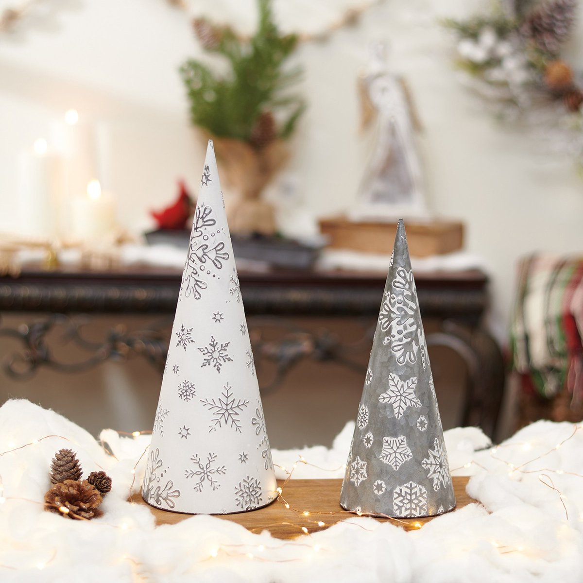 Set of Two Embossed Metal Snowflake Cone Christmas Trees Sitter Decor