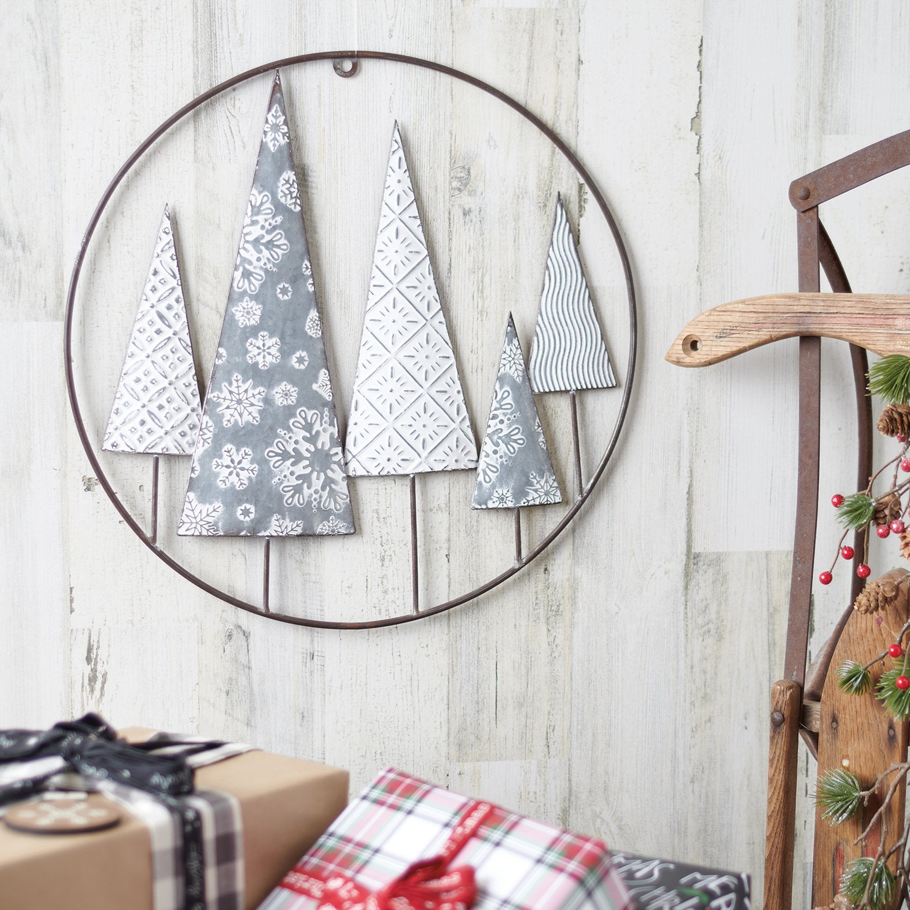 Bohemian Rustic Metal Forest Trees Christmas Wall Art Decor 18.5 Inch