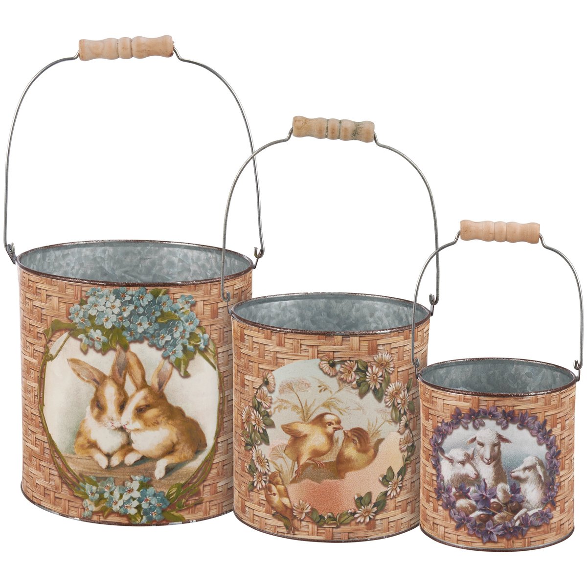 Charming Easter Bunny & Friends Galvanized Metal Bucket Set with Wood Handles