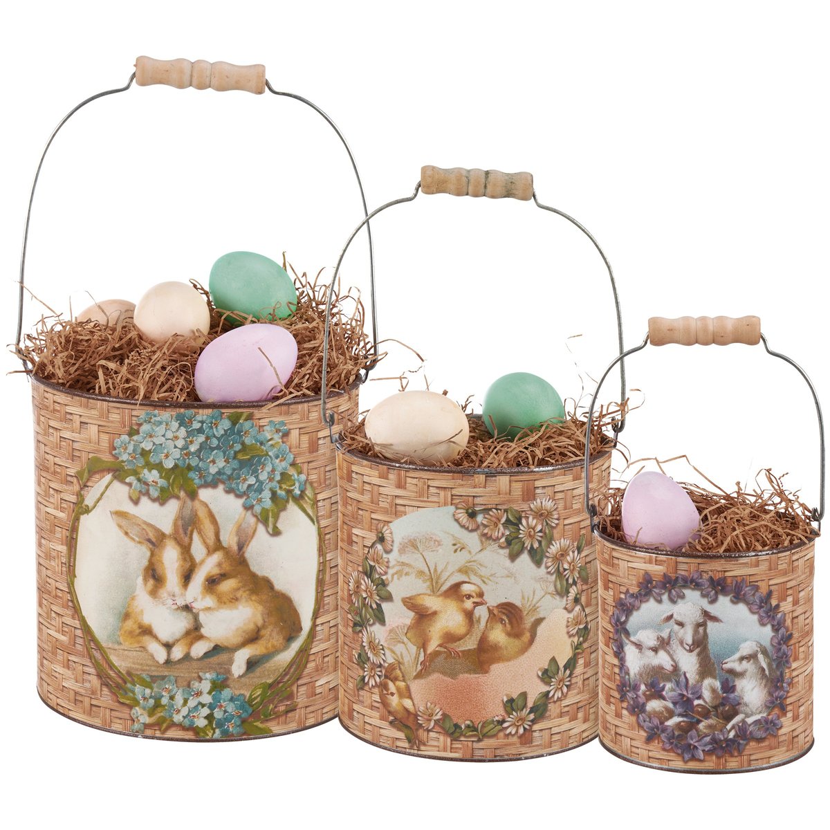 Charming Easter Bunny & Friends Galvanized Metal Bucket Set with Wood Handles
