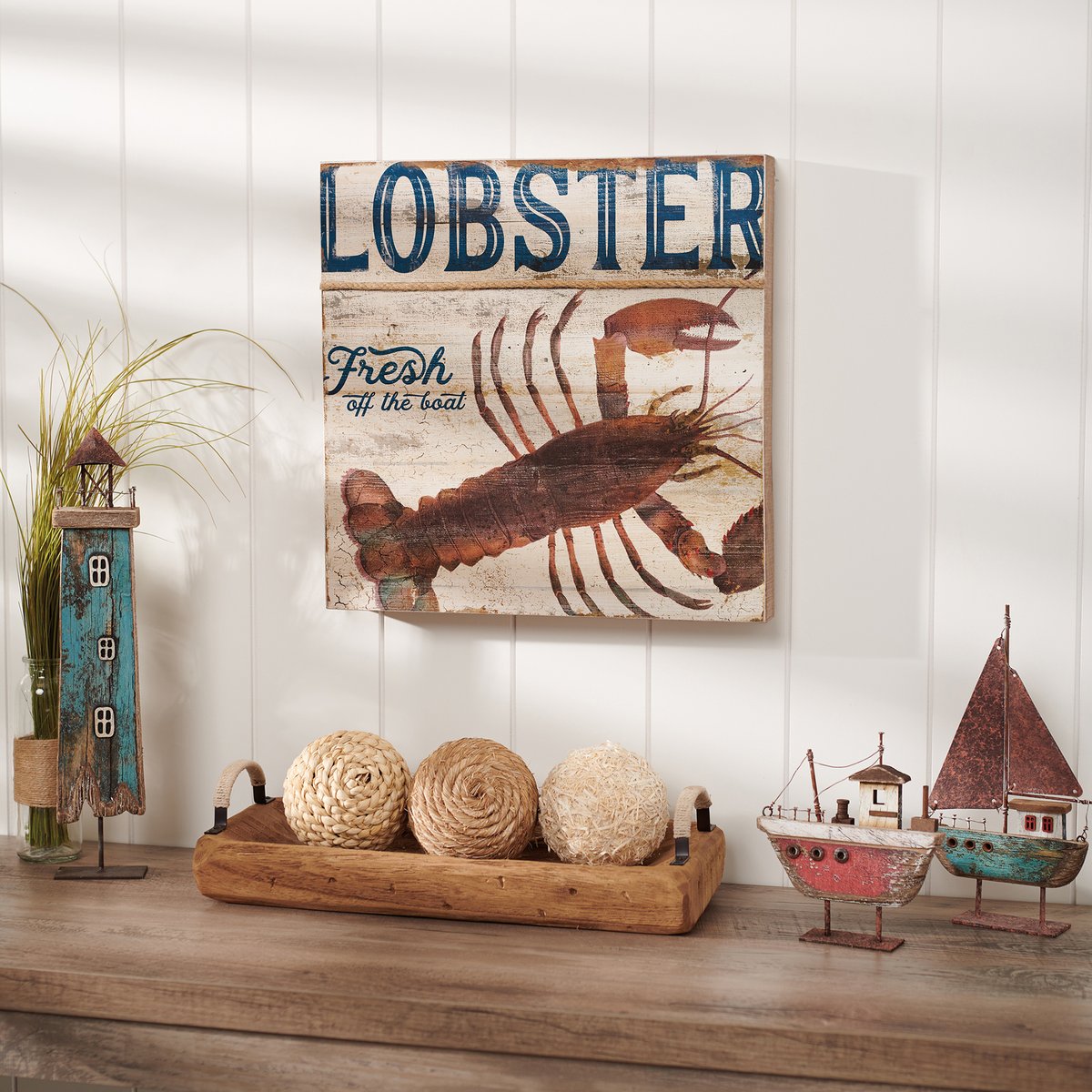 Rustic Wooden Lobster Box Sign: Fresh Off The Boat Nautical Beach Decor