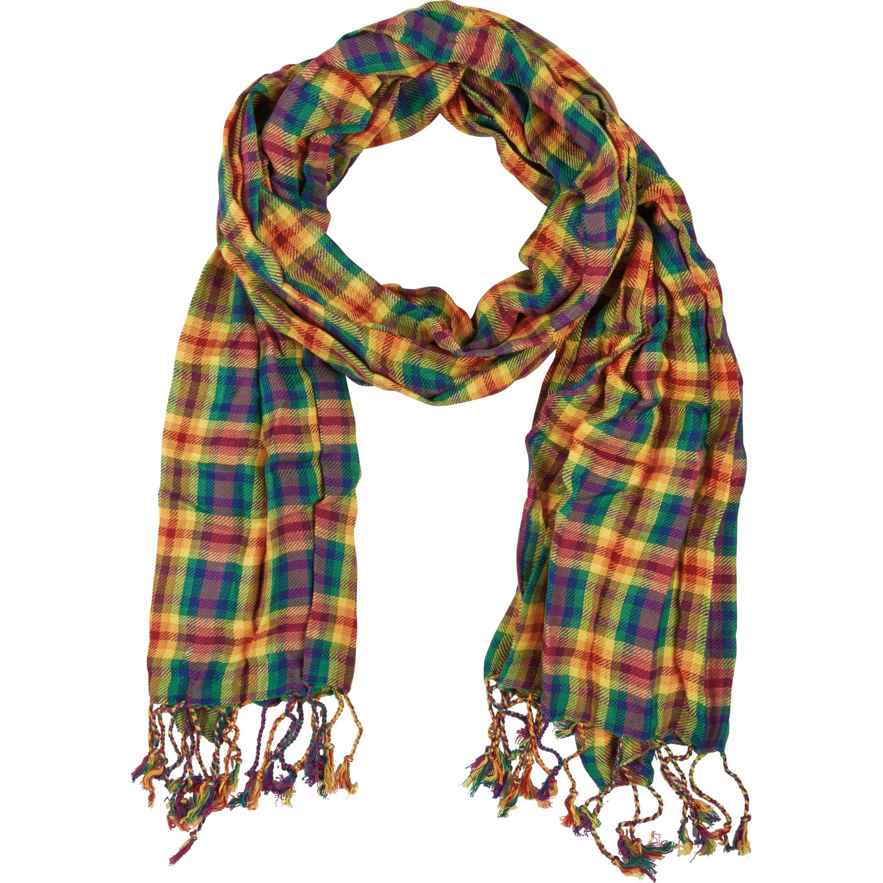 Vibrant Rainbow Plaid Rayon Scarf with Tassels - Unisex Pride Collection Accessory