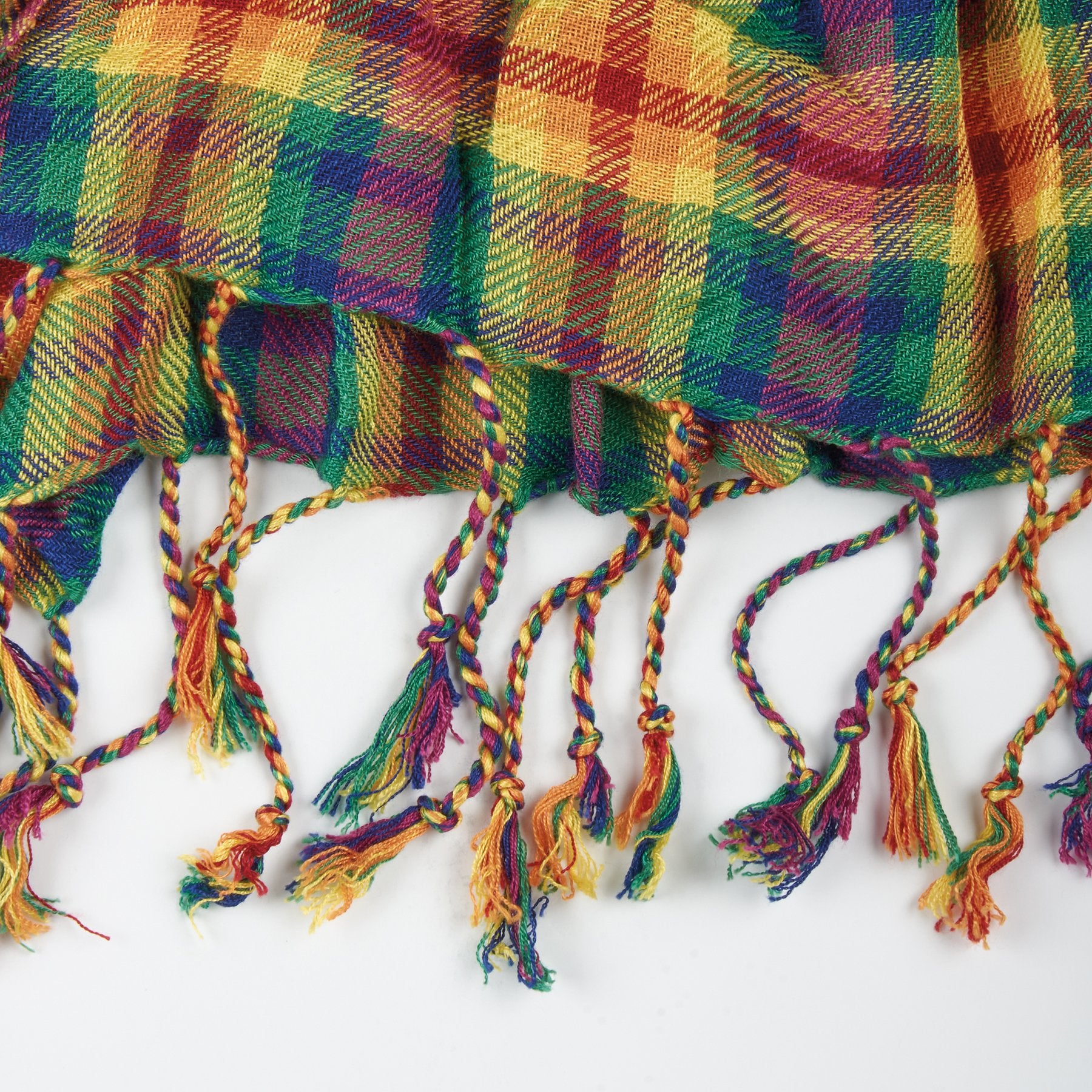 Vibrant Rainbow Plaid Rayon Scarf with Tassels - Unisex Pride Collection Accessory