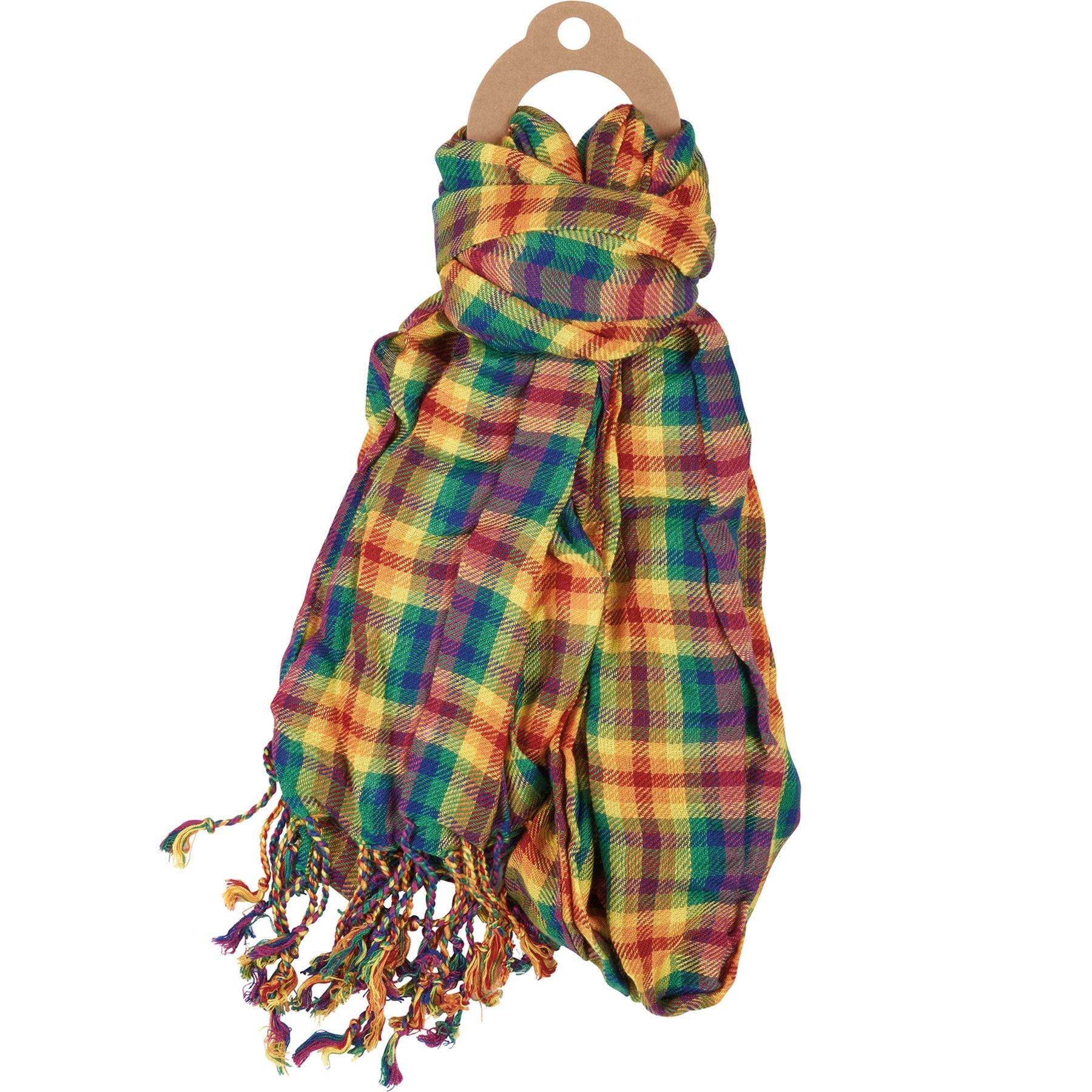 Vibrant Rainbow Plaid Rayon Scarf with Tassels - Unisex Pride Collection Accessory