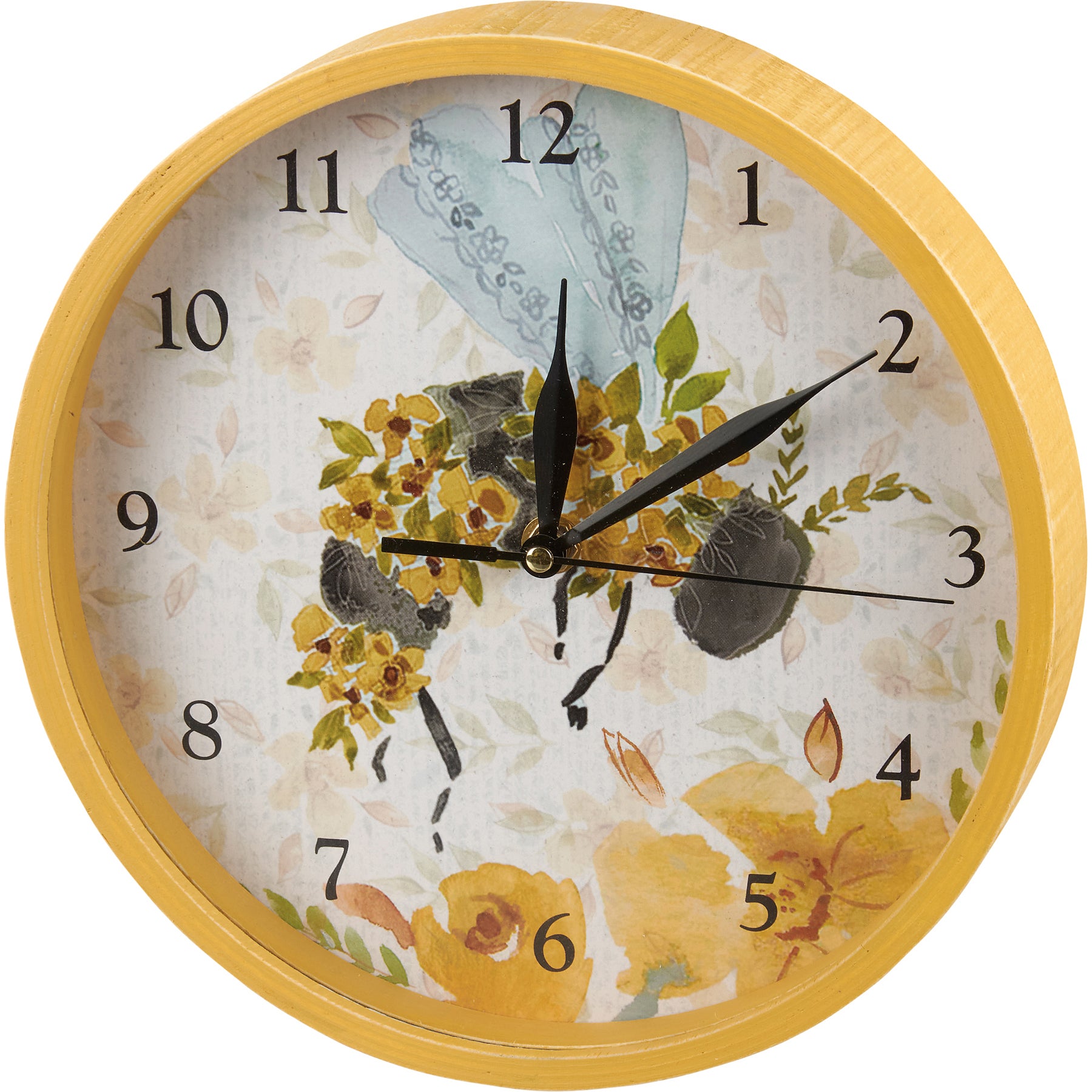 Charming Round Wooden Bee Clock with Vibrant Floral Watercolor Design