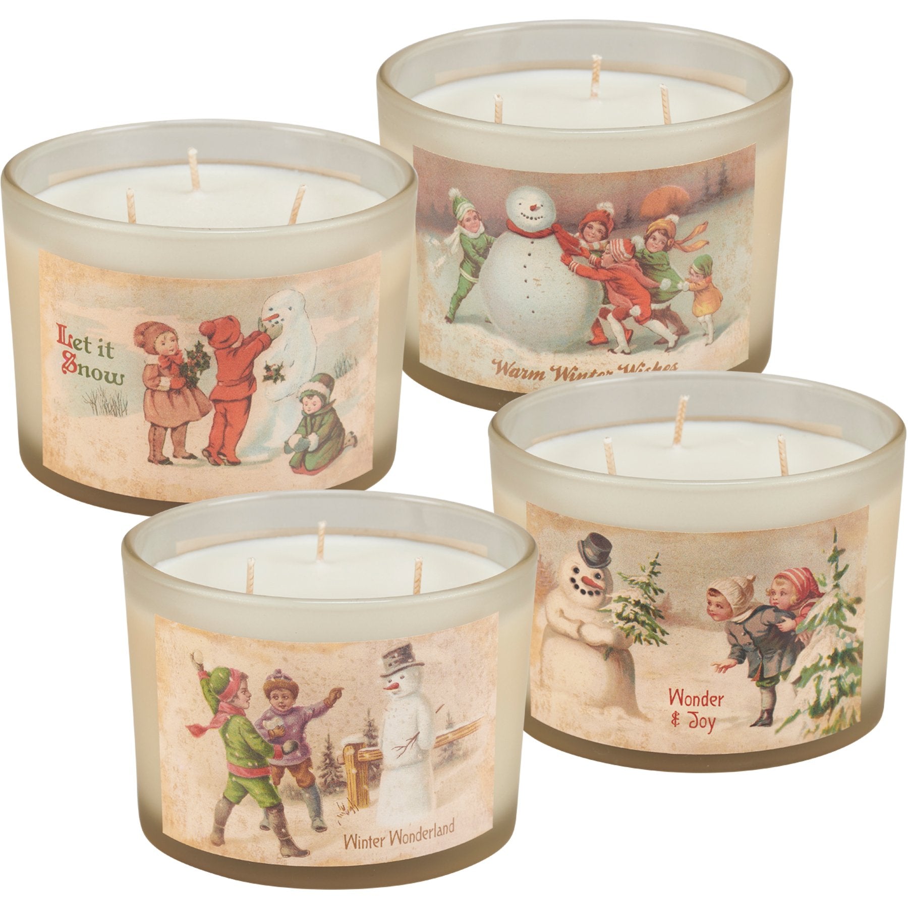 Vintage Snowmen Frosted Jar Candle Set - 4-Pack, Evergreen & Peppermint Scents