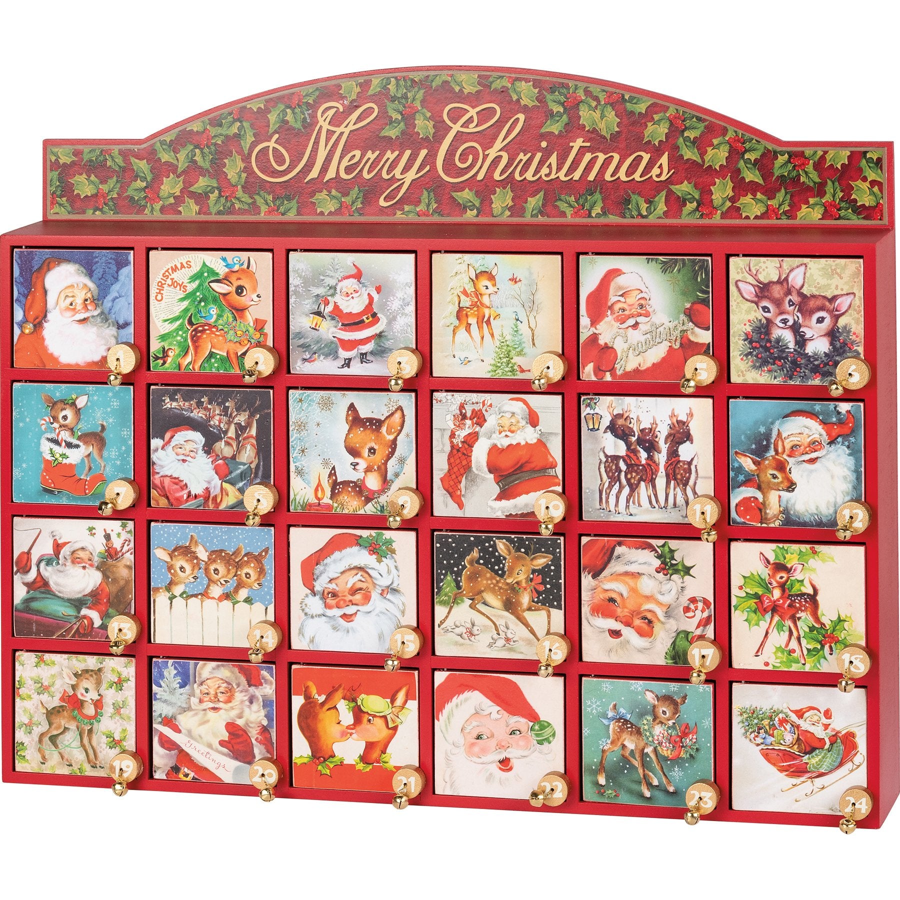 Vintage-Inspired Retro Santa Claus 24-Day Christmas Countdown Advent Box with Bells