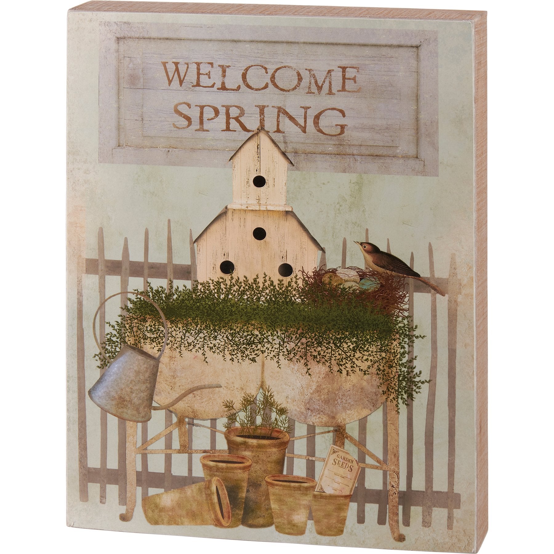 Charming Primitive Wooden Welcome Spring Box Sign for Garden Home Decor