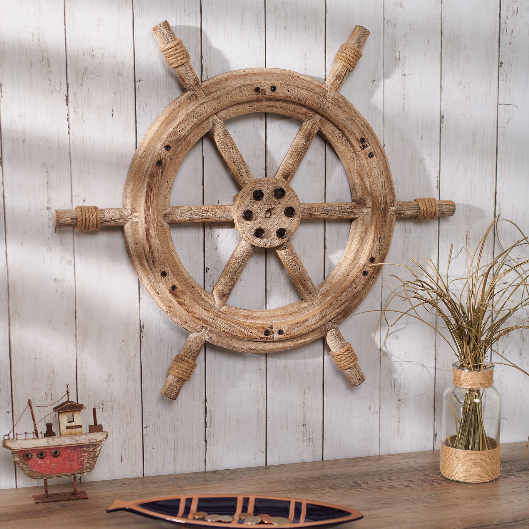 Nautical Wooden Ship's Wheel Wall Decor with Rope and Brass Accents