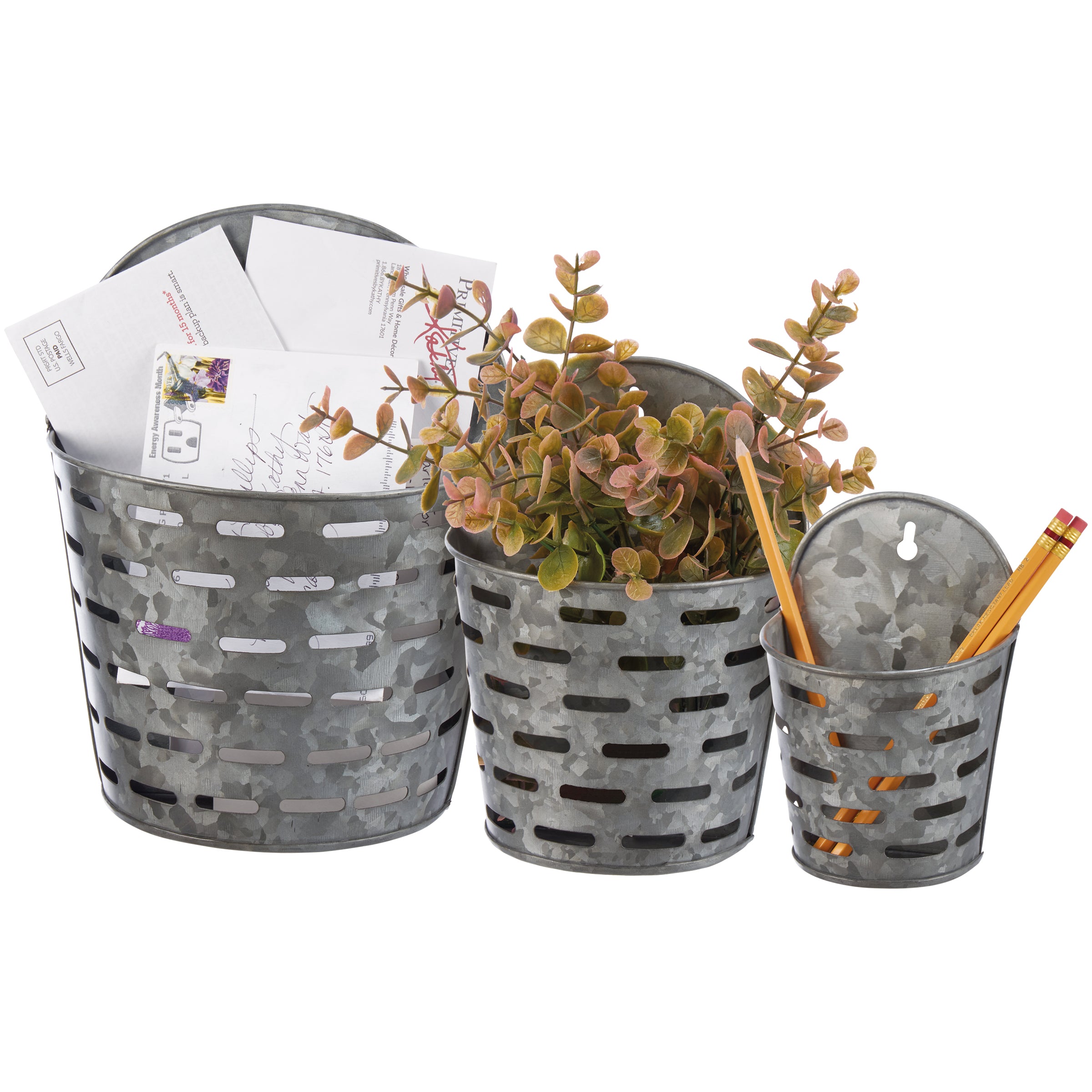 Rustic Olive Farmhouse Galvanized Metal Wall Bucket Set for Home Decor