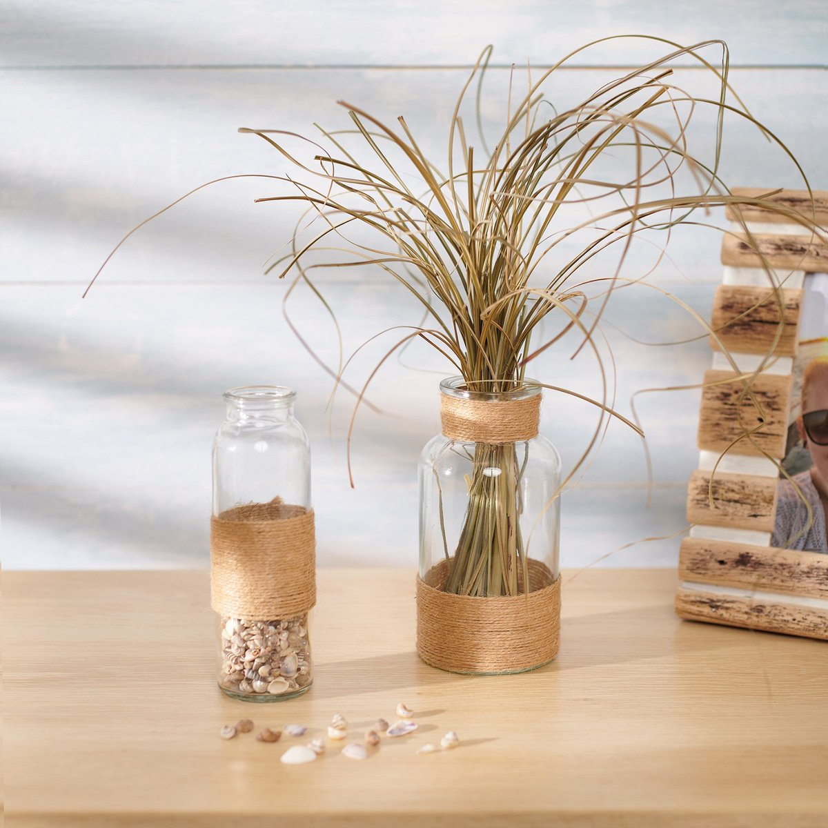 Coastal Jute Wrapped Glass Apothecary Vase Set - Rustic Beach Home Decor