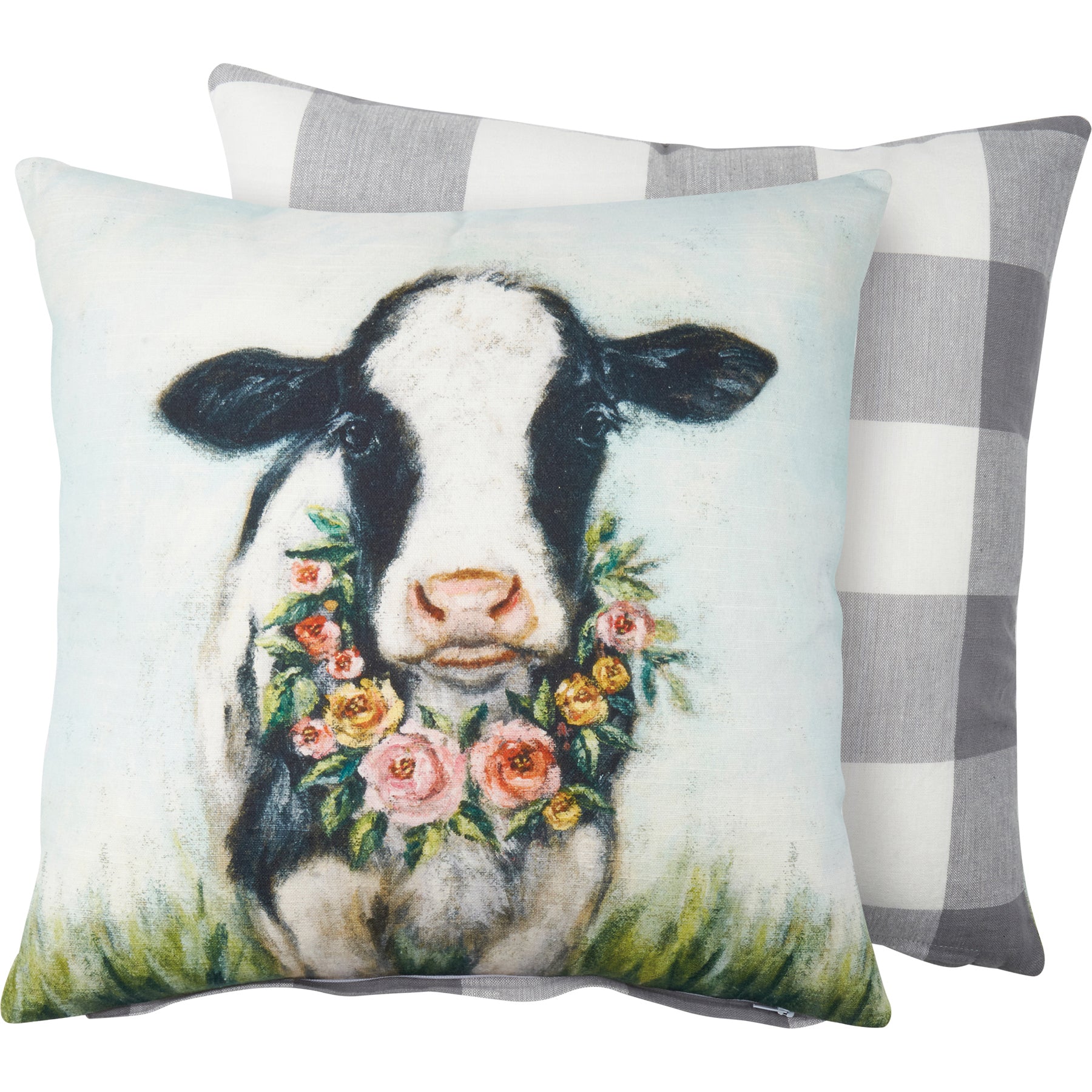Charming Farmhouse Floral Calf Decorative Pillow with Wreath Buffalo Check