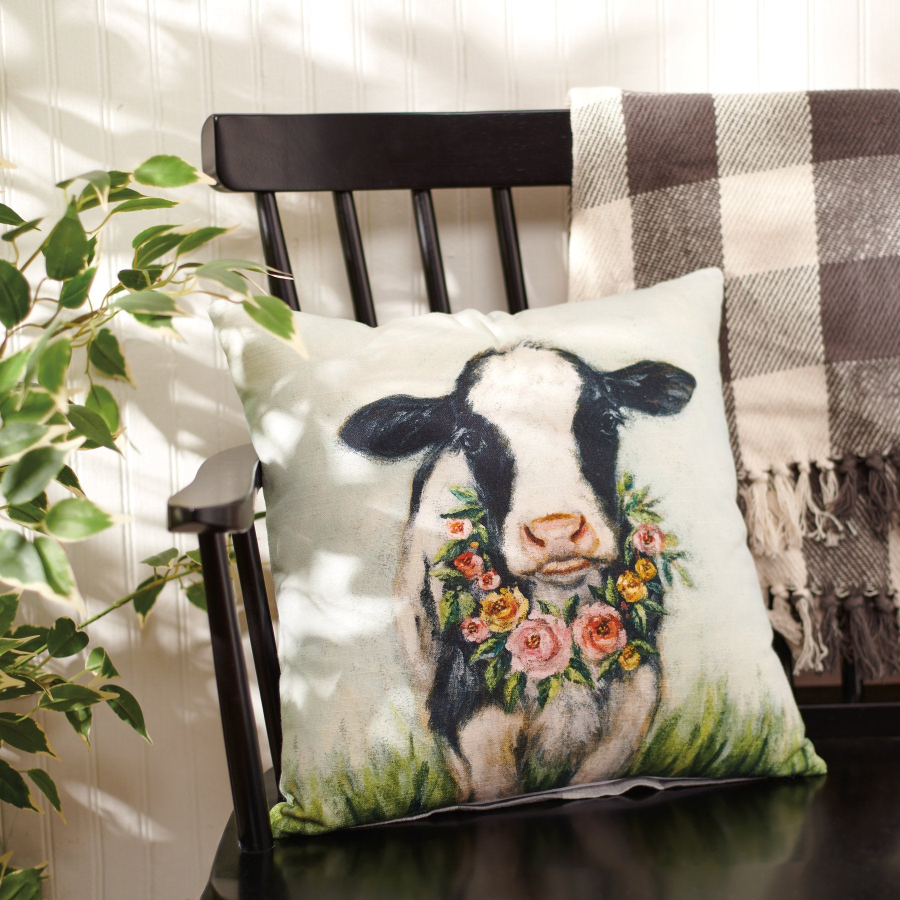 Charming Farmhouse Floral Calf Decorative Pillow with Wreath Buffalo Check