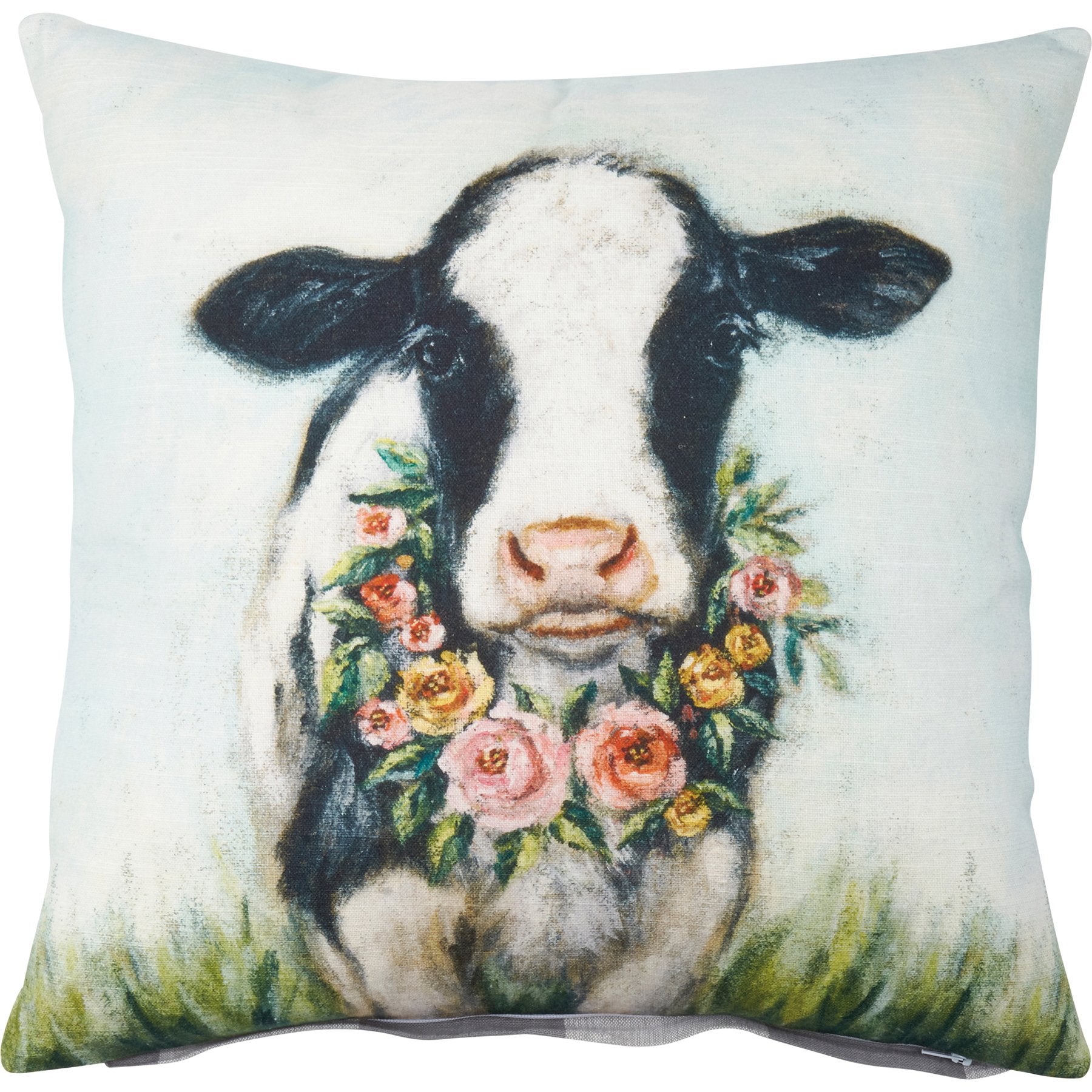 Charming Farmhouse Floral Calf Decorative Pillow with Wreath Buffalo Check