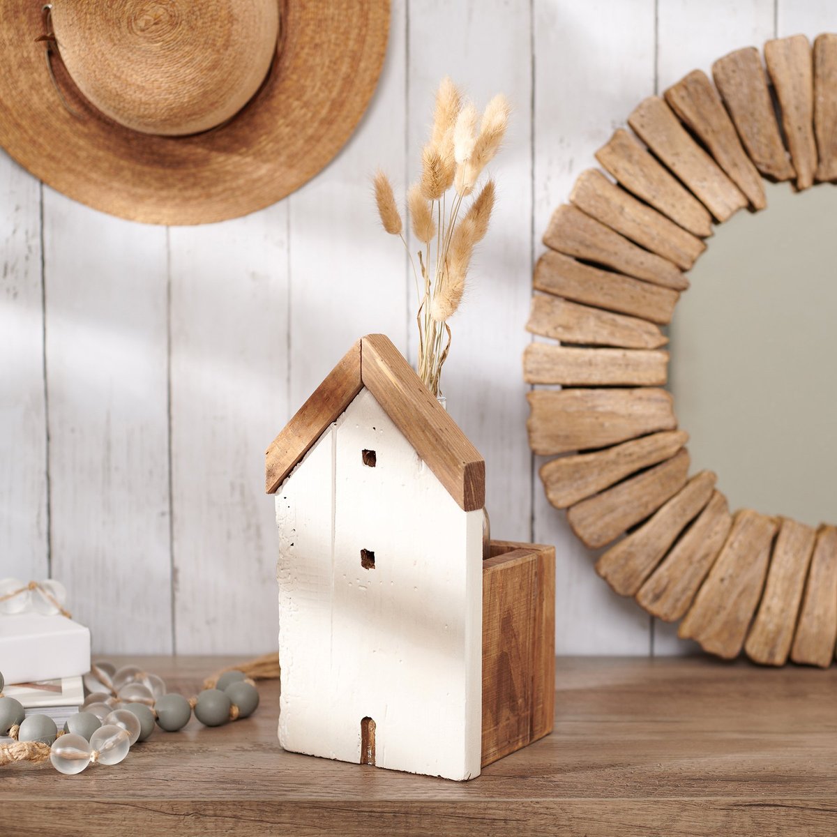 Rustic Beach House Wood & Glass Vase - Nautical Decor Accent for Coastal Homes