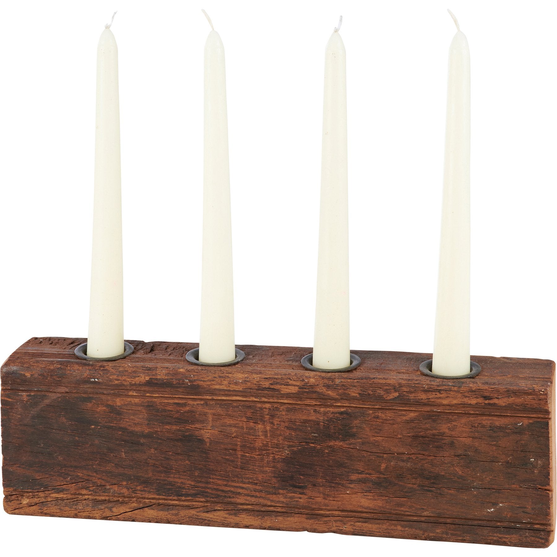 Rustic Farmhouse Wood Candle Holder with Aged Finish, Four Metal Taper Candle Slots