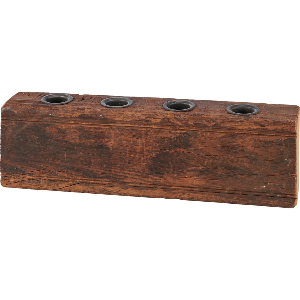 Rustic Farmhouse Wood Candle Holder with Aged Finish, Four Metal Taper Candle Slots