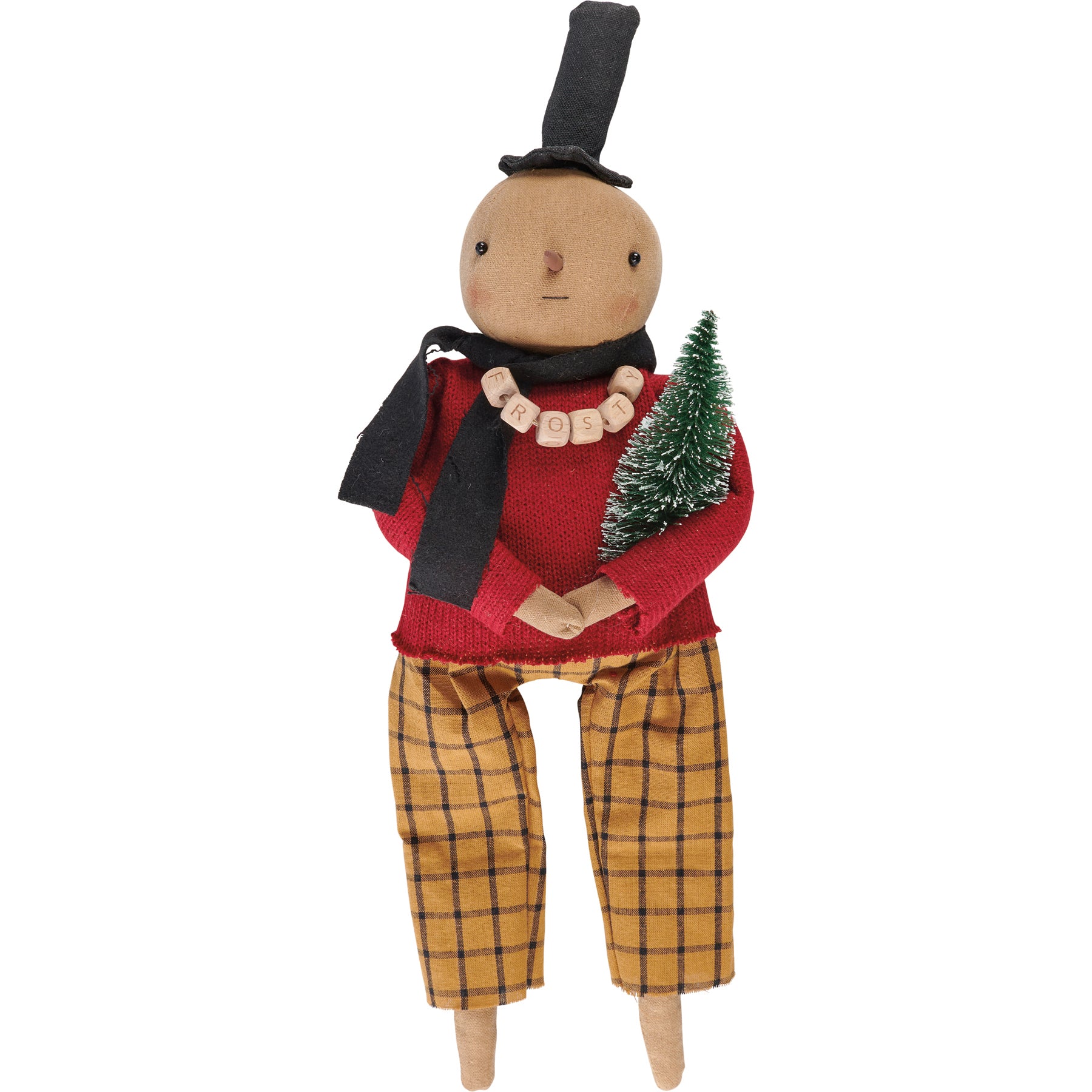 Charming Primitive Frosty Snowman Doll with Christmas Tree Accent