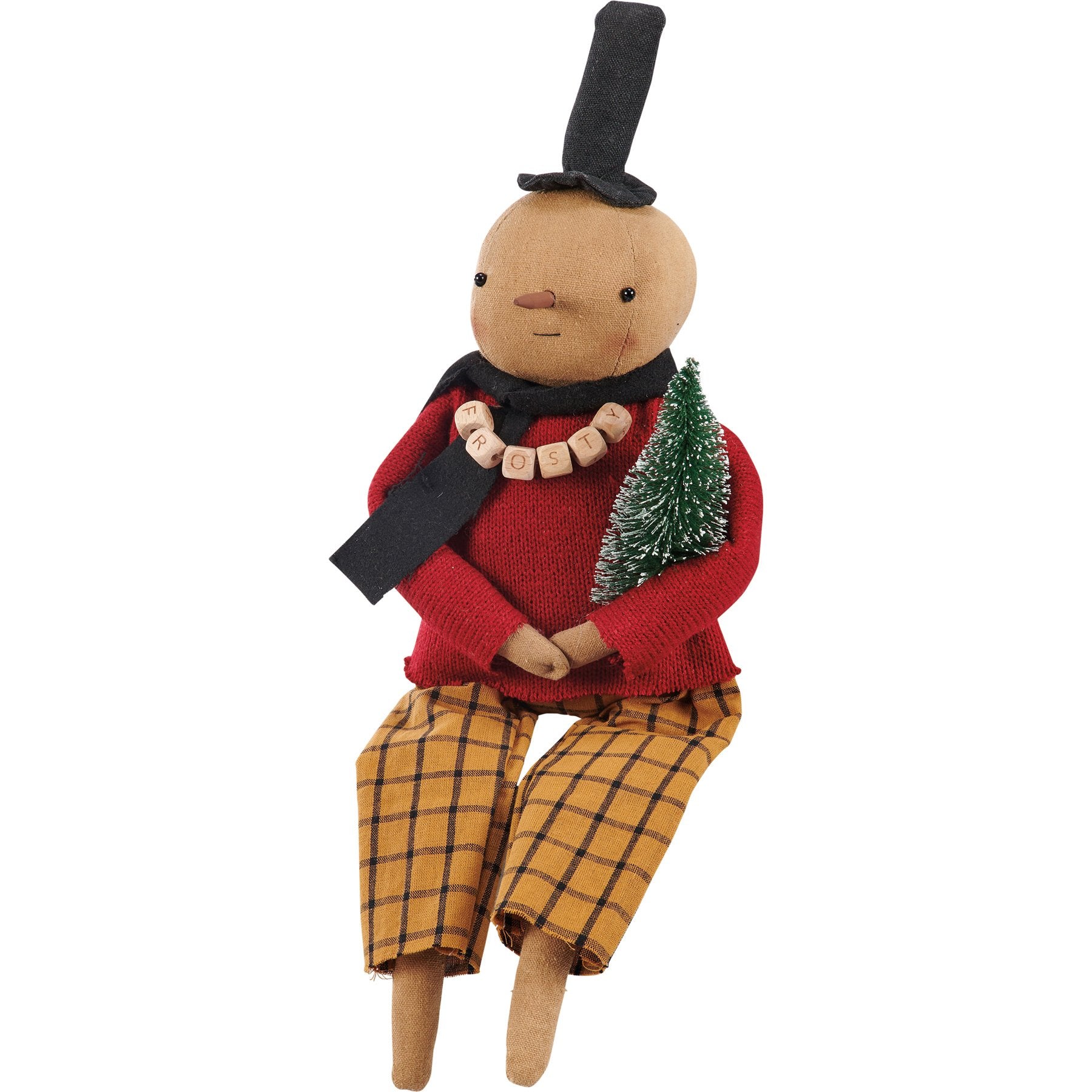 Charming Primitive Frosty Snowman Doll with Christmas Tree Accent