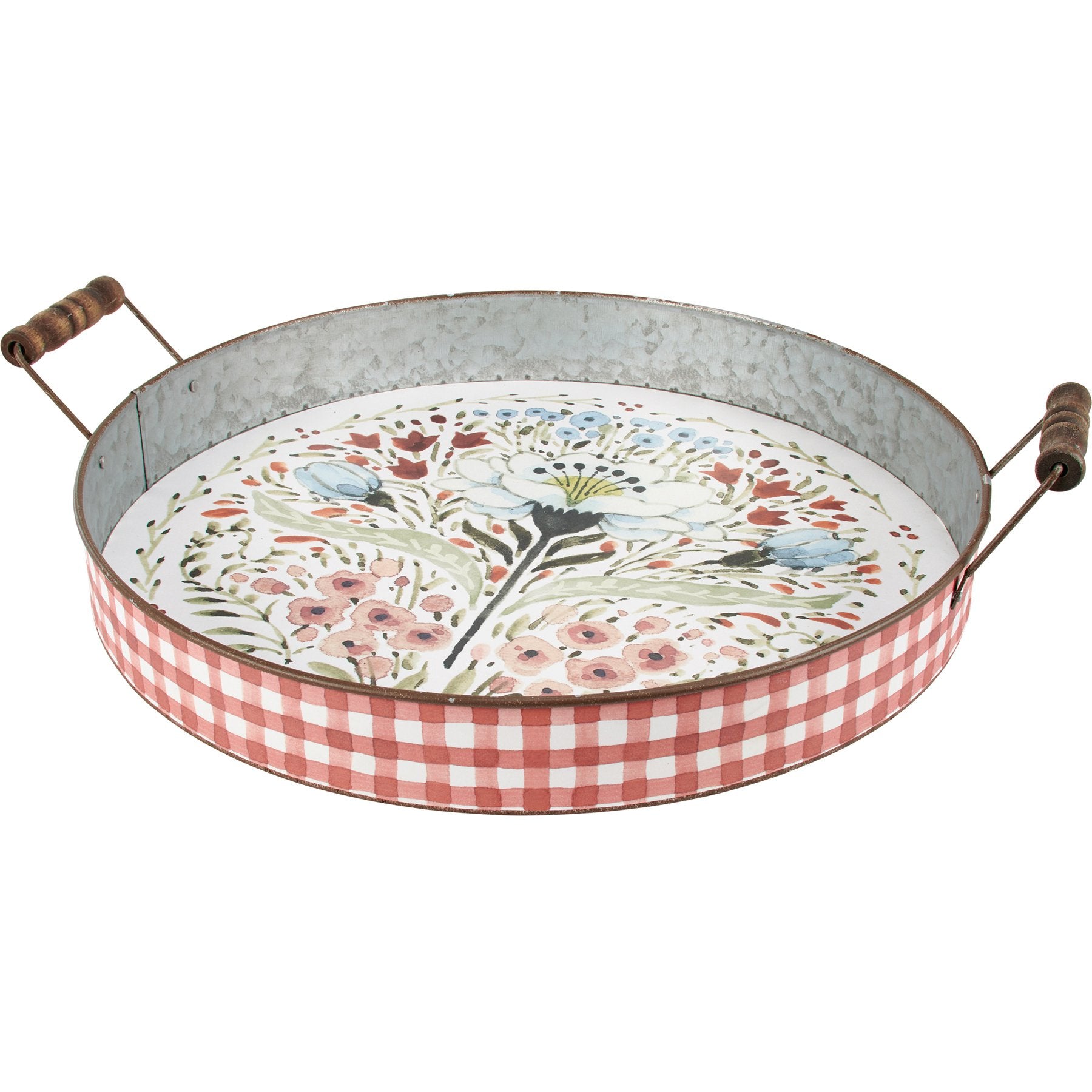 Rustic Farmhouse Floral Galvanized Metal Tray with Gingham Accent & Wood Handles