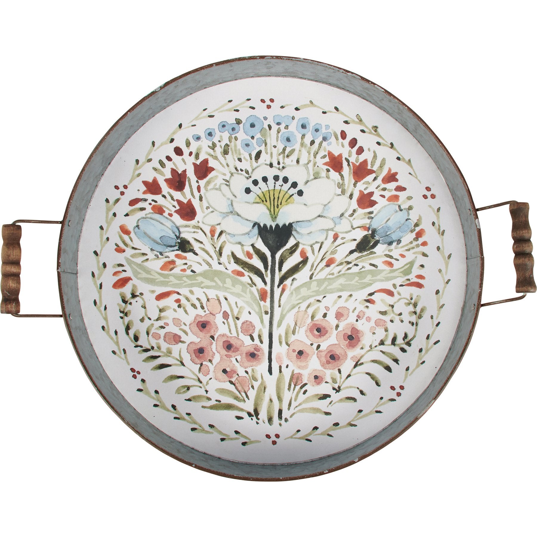 Rustic Farmhouse Floral Galvanized Metal Tray with Gingham Accent & Wood Handles