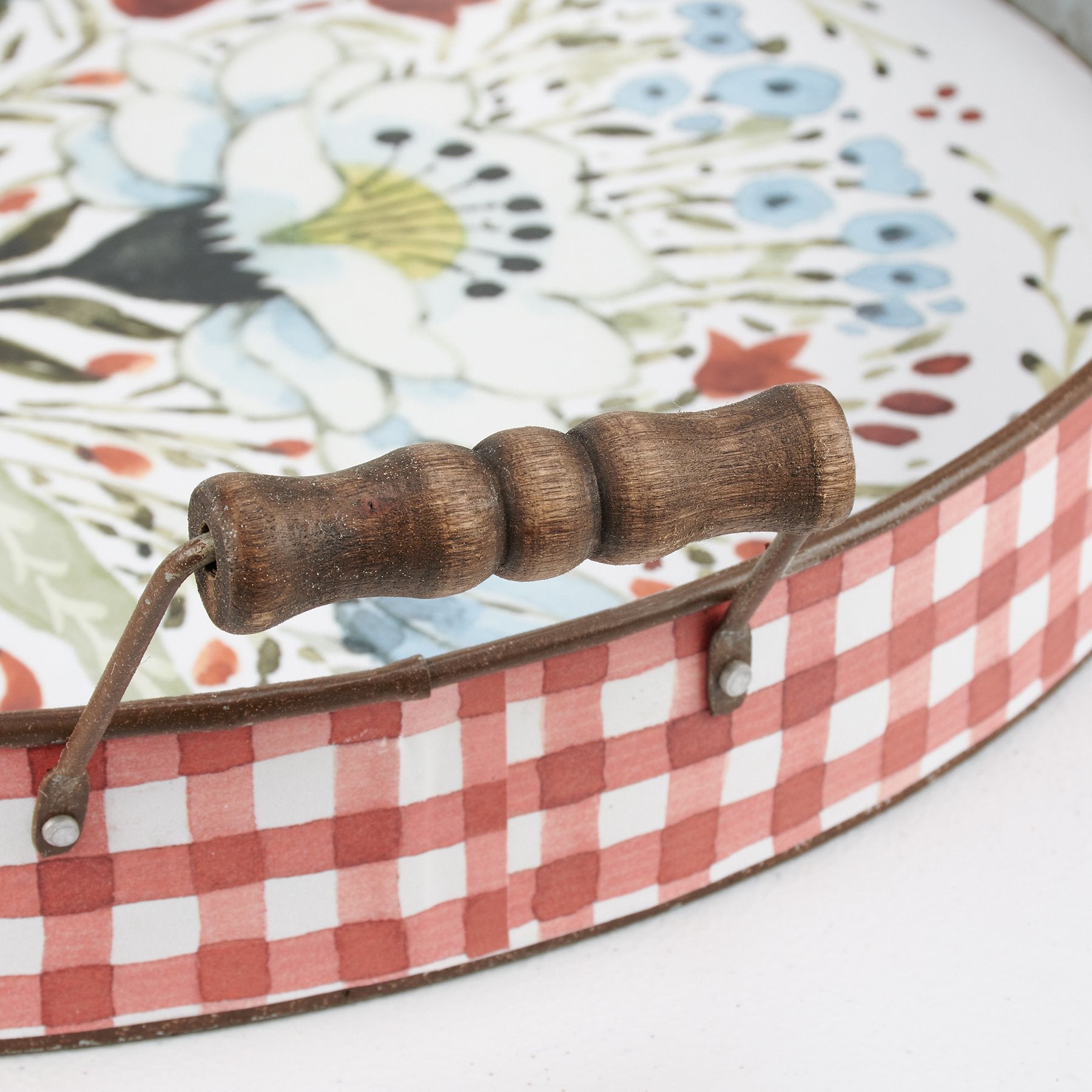 Rustic Farmhouse Floral Galvanized Metal Tray with Gingham Accent & Wood Handles