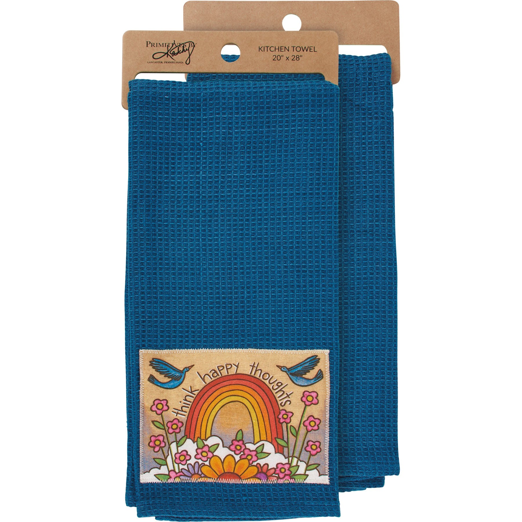 Cheerful Rainbow Floral Cotton Kitchen Towel with 'Think Happy Thoughts' Sentiment