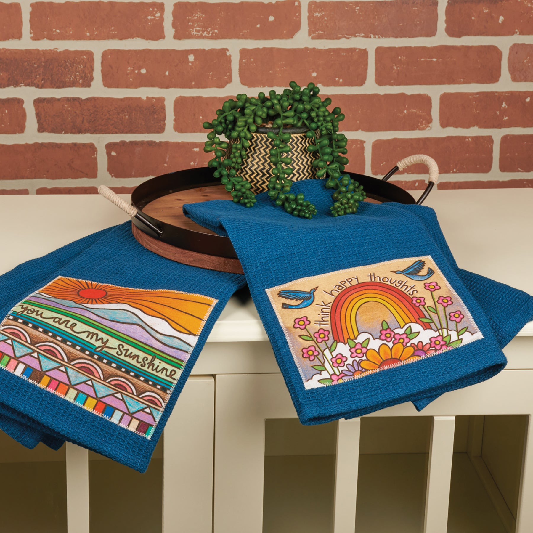 Cheerful Rainbow Floral Cotton Kitchen Towel with 'Think Happy Thoughts' Sentiment