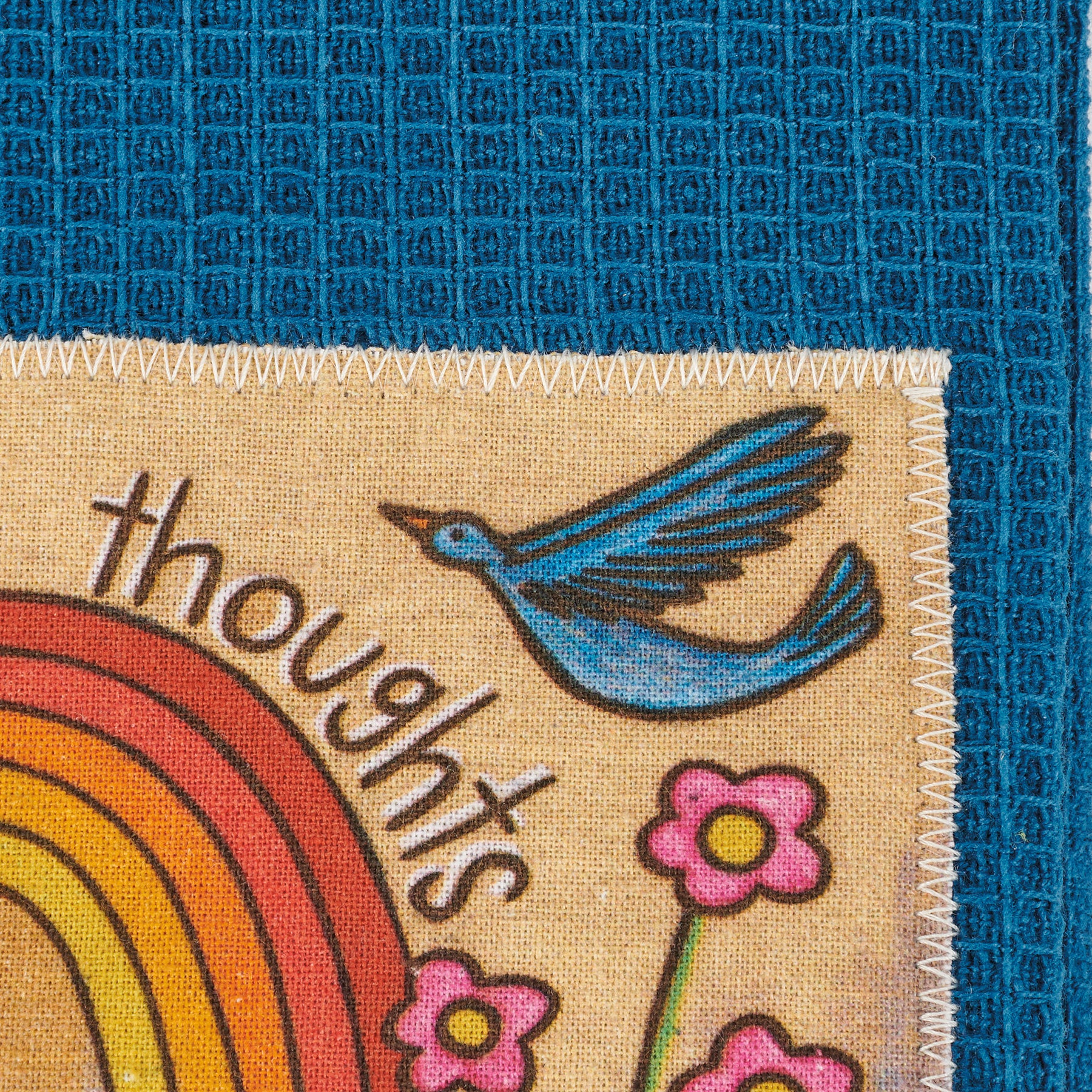Cheerful Rainbow Floral Cotton Kitchen Towel with 'Think Happy Thoughts' Sentiment