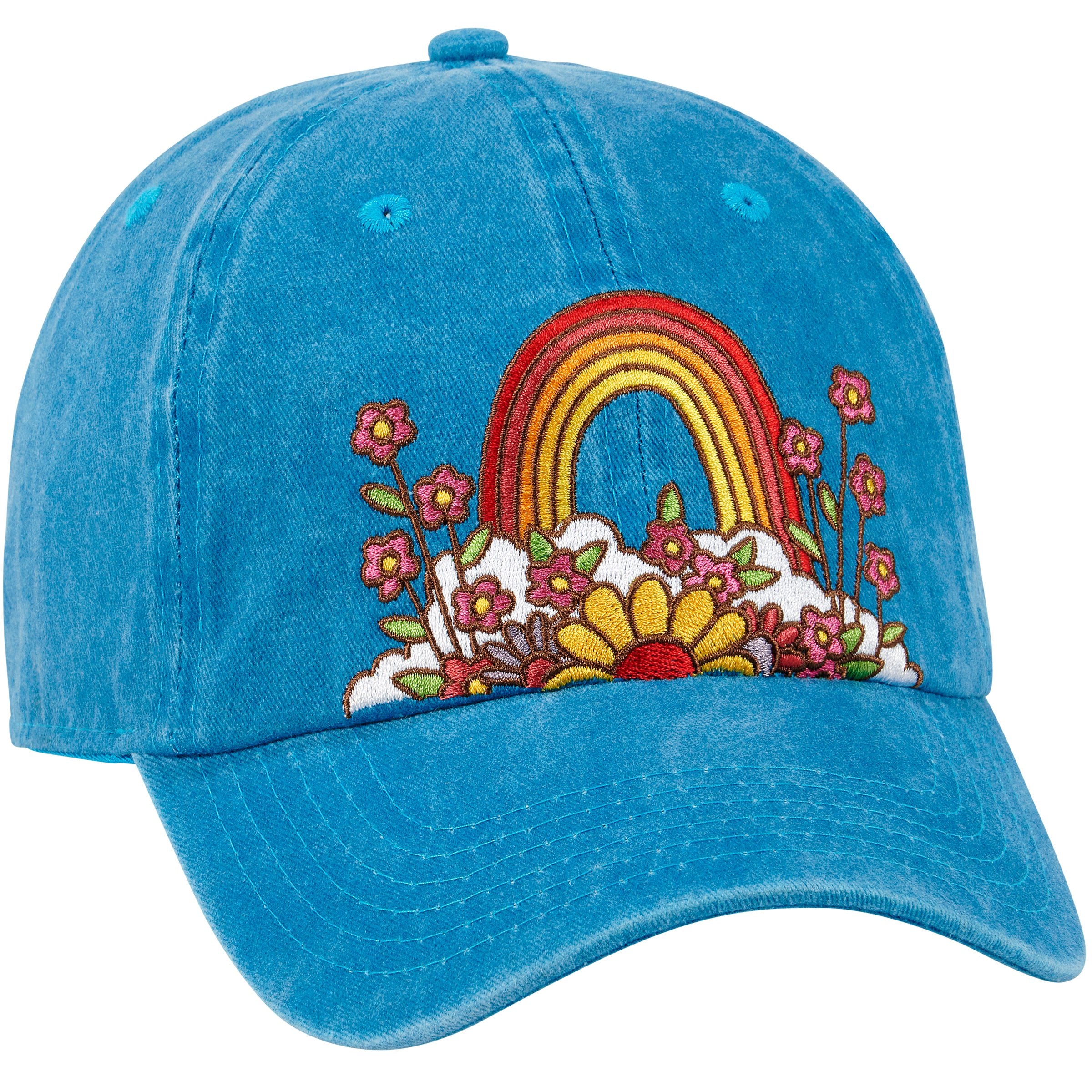 Vibrant Rainbow Flower Embroidered Blue Baseball Cap - 'Think Happy Thoughts' Adjustable Hat
