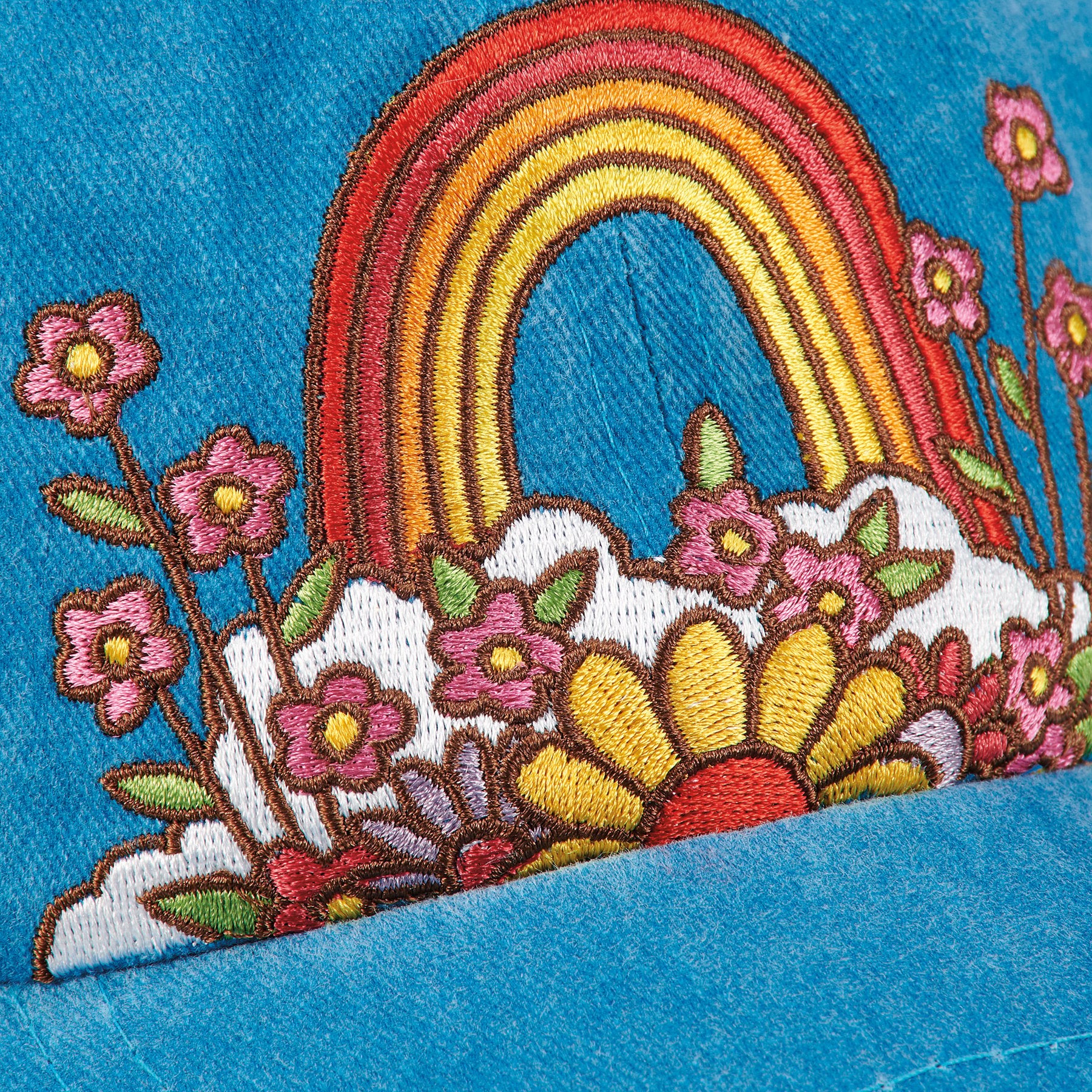 Vibrant Rainbow Flower Embroidered Blue Baseball Cap - 'Think Happy Thoughts' Adjustable Hat