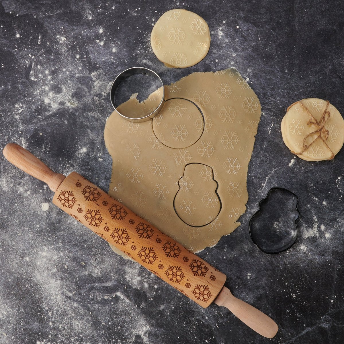 Large Wooden Snowflake Debossed Rolling Pin for Festive Holiday Baking & Gifting