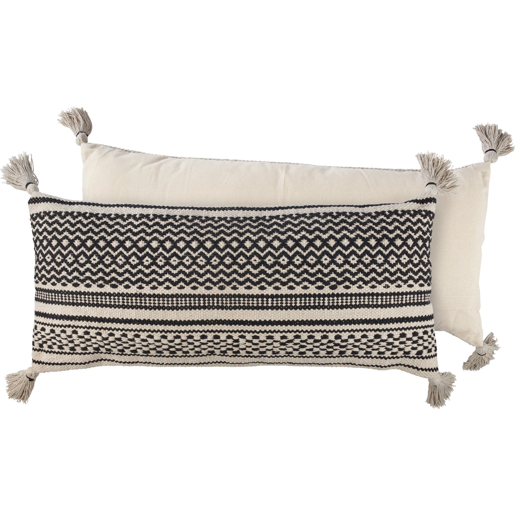 Bohemian Zigzag Bolster Pillow with Tassels - Cream & Black Geometric Cotton