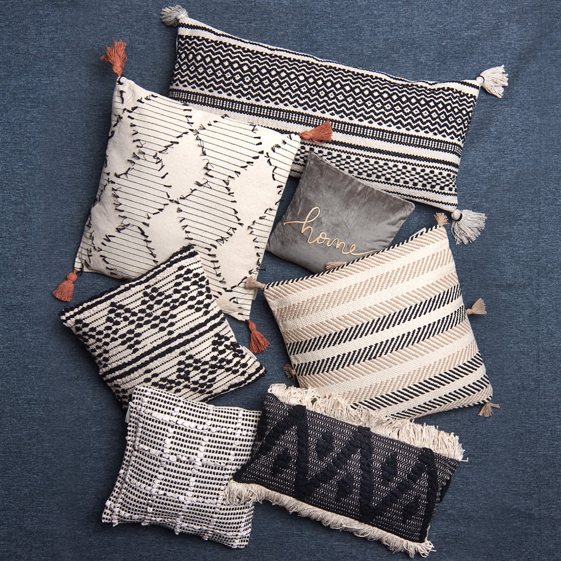 Bohemian Zigzag Bolster Pillow with Tassels - Cream & Black Geometric Cotton