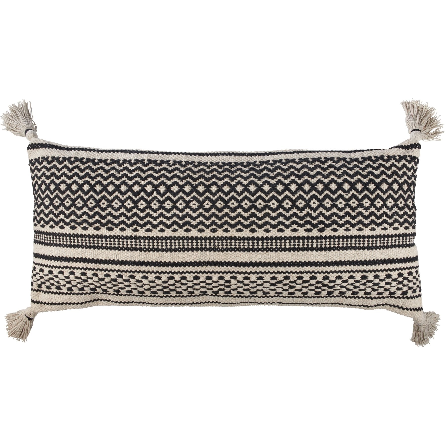 Bohemian Zigzag Bolster Pillow with Tassels - Cream & Black Geometric Cotton