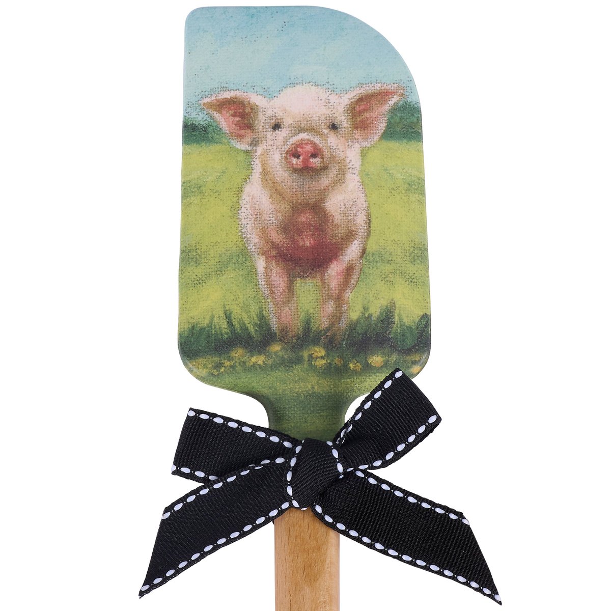 Charming Farmhouse Pig Silicone Spatula with Wooden Handle & Decorative Bow