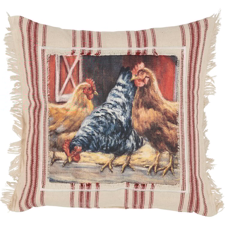 Charming Farmhouse Chicken Coop Decorative Pillow with Frayed Trim, 12x12 Inch