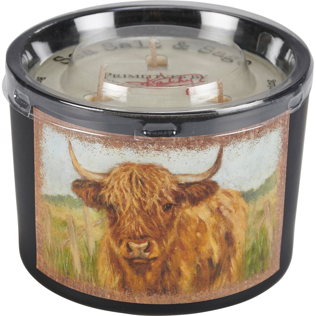 Rustic Highland Cow Jar Candle: Sea Salt & Sage Scent, 3 Wicks, 30-Hour Burn