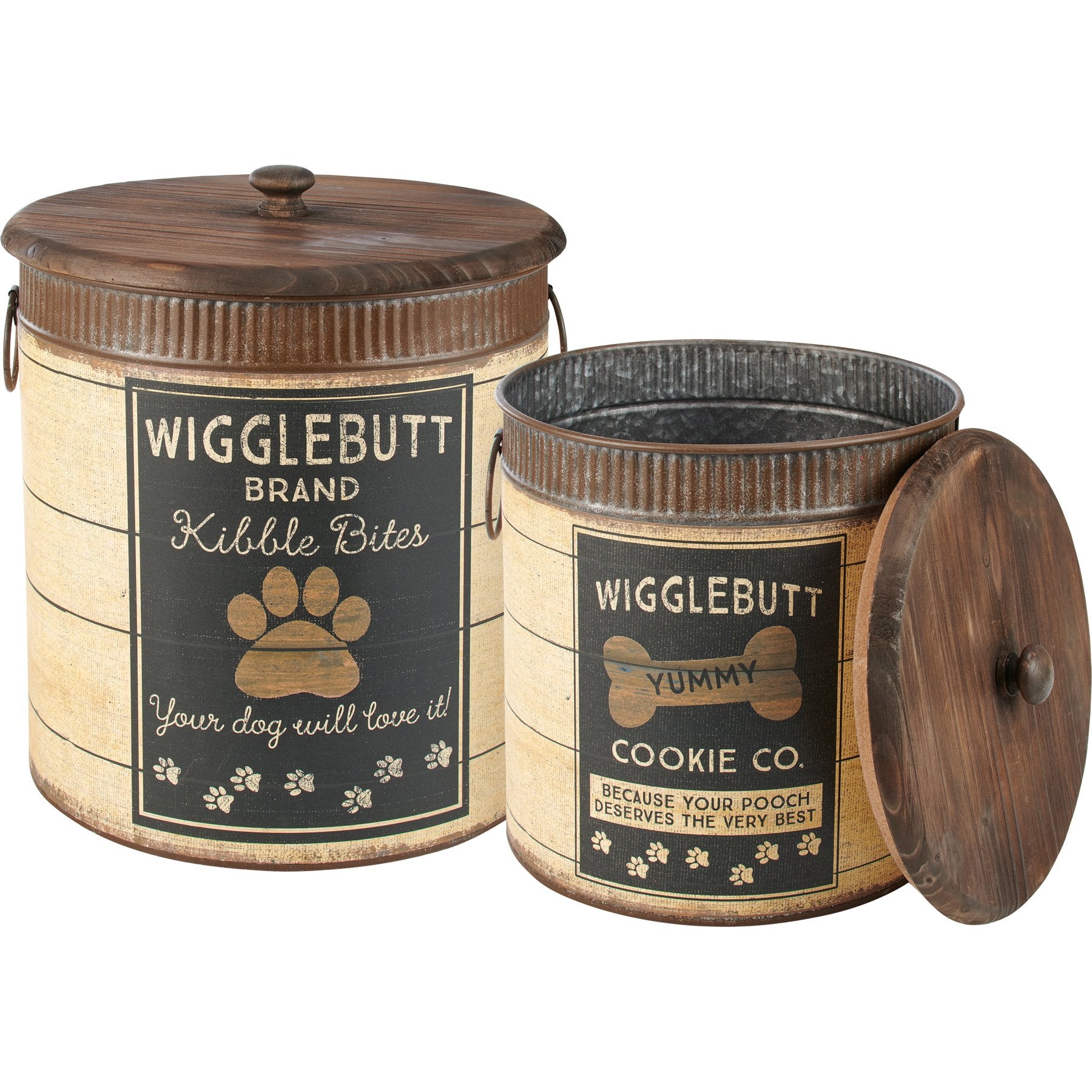 Rustic Galvanized Metal Dog Treat Storage Bins with Wooden Lids Set