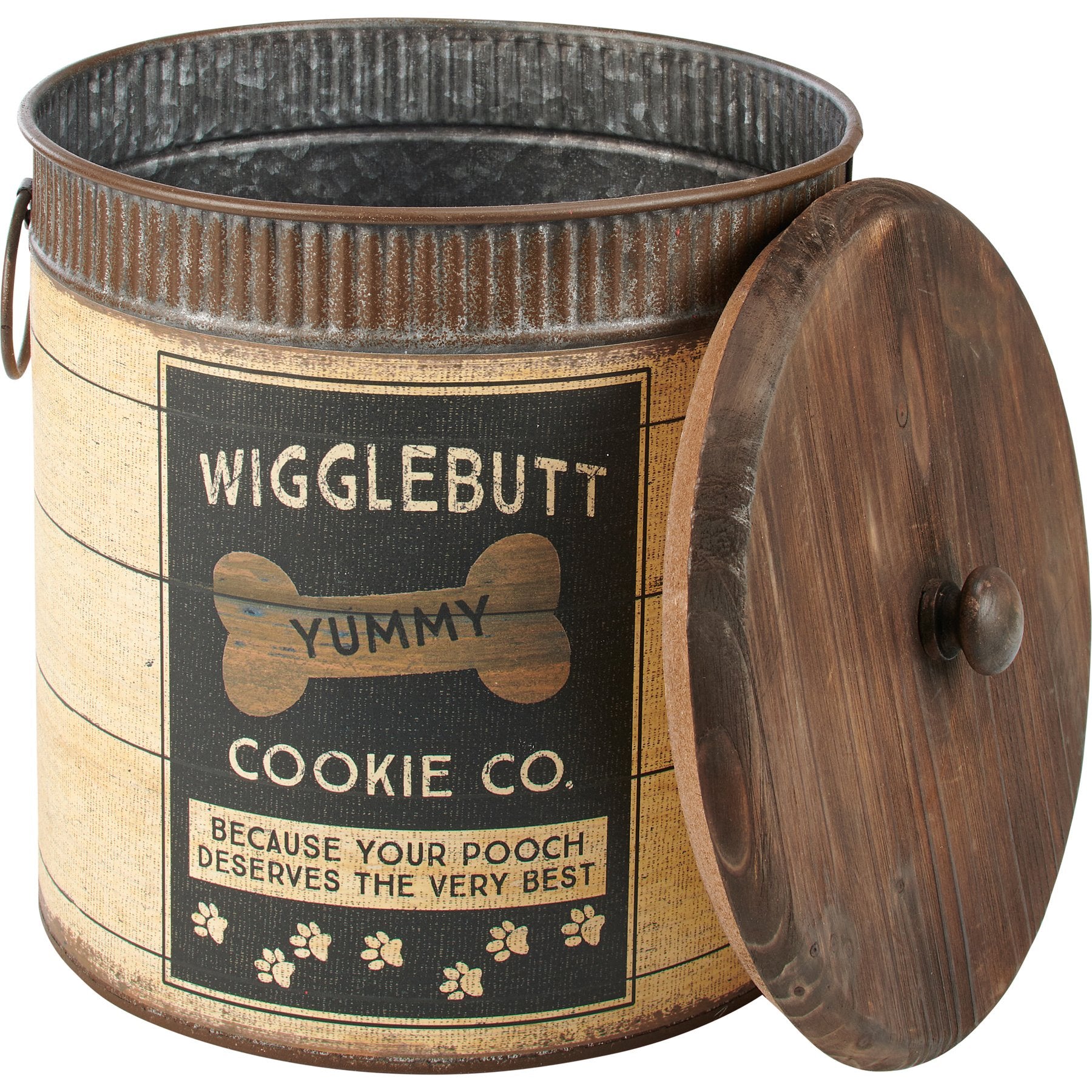 Rustic Galvanized Metal Dog Treat Storage Bins with Wooden Lids Set