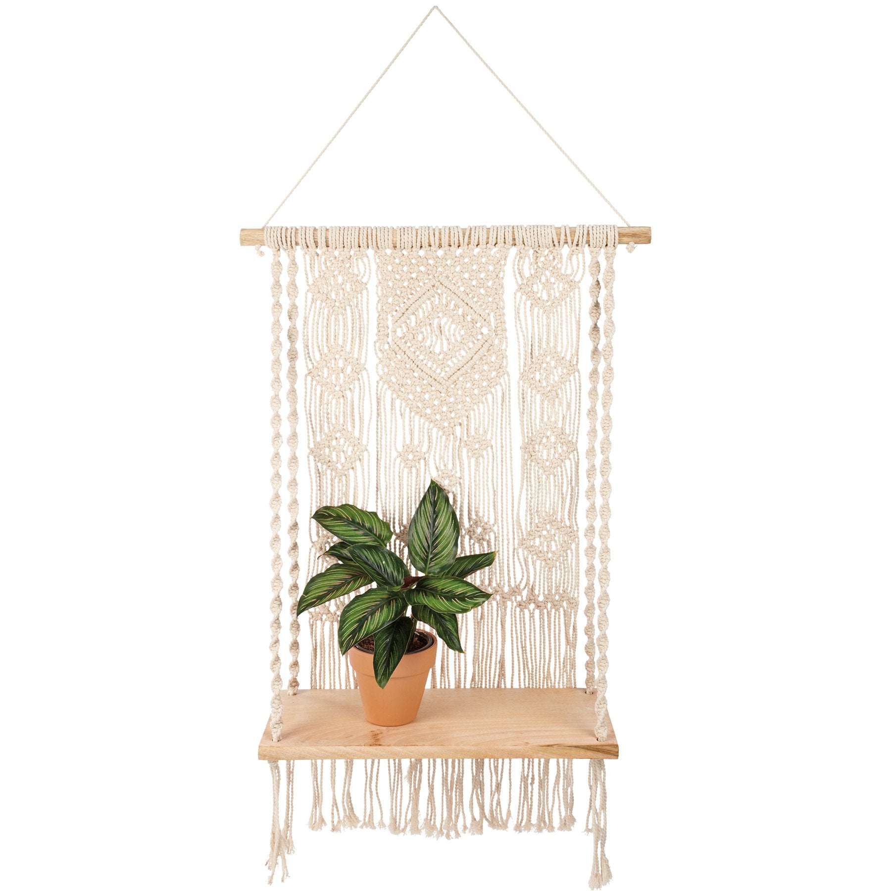 Bohemian Macrame Wooden Wall Shelf with Cotton Tassels - Easy Display Accent