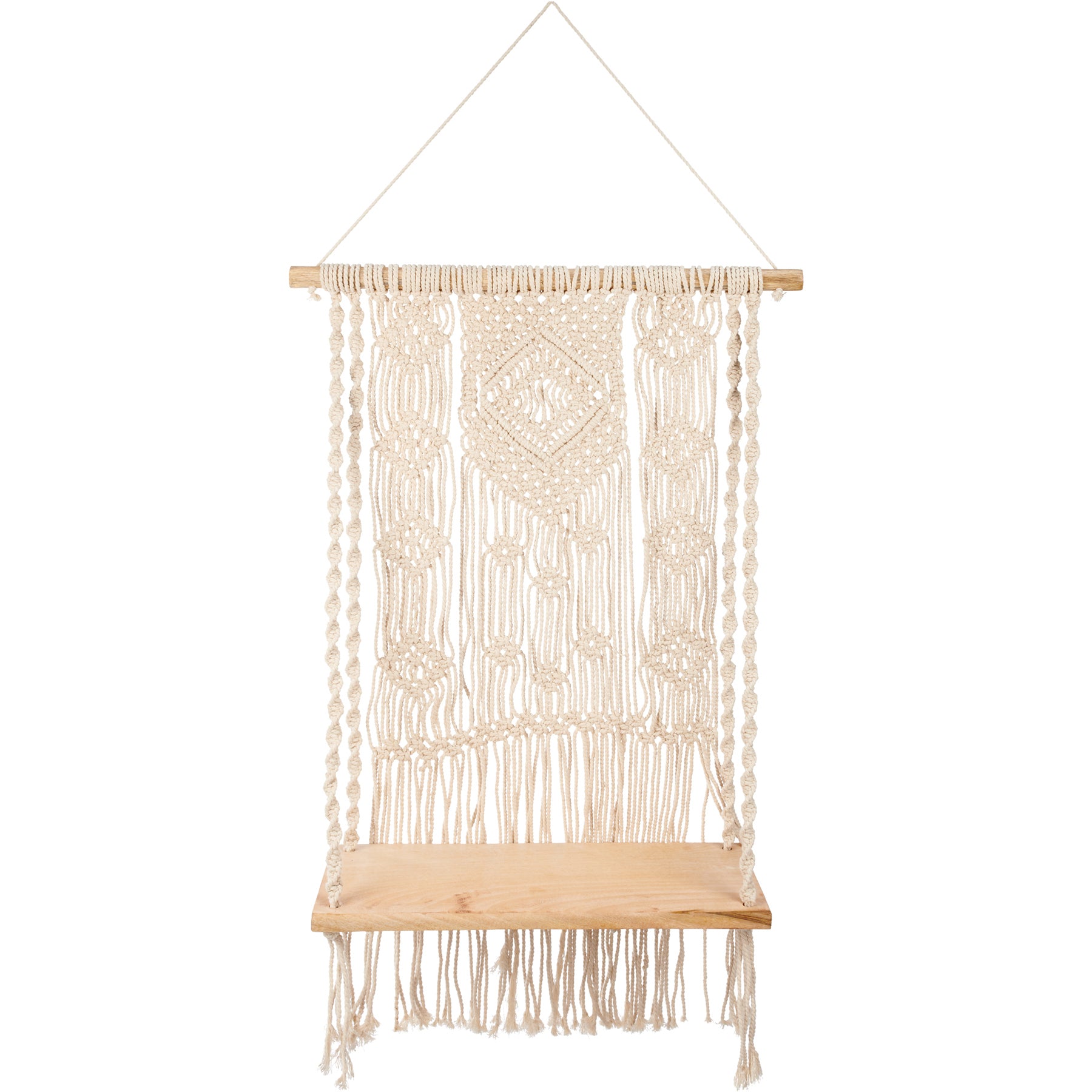 Bohemian Macrame Wooden Wall Shelf with Cotton Tassels - Easy Display Accent