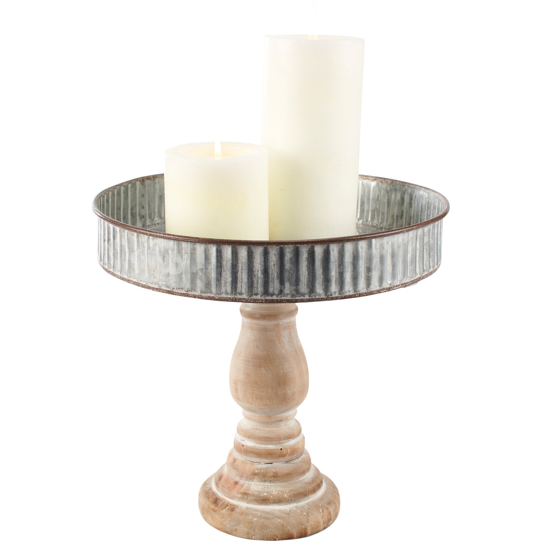 Rustic Farmhouse Primitive Pedestal Tray - Distressed Wood & Galvanized Metal Accent