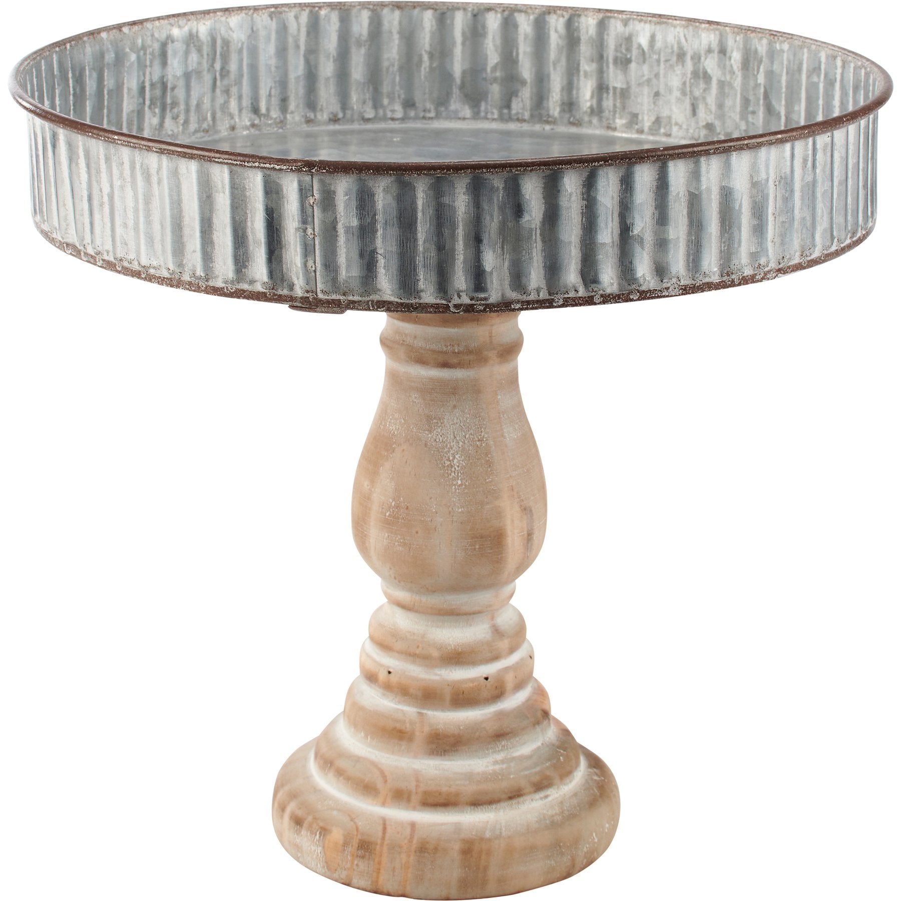 Rustic Farmhouse Primitive Pedestal Tray - Distressed Wood & Galvanized Metal Accent