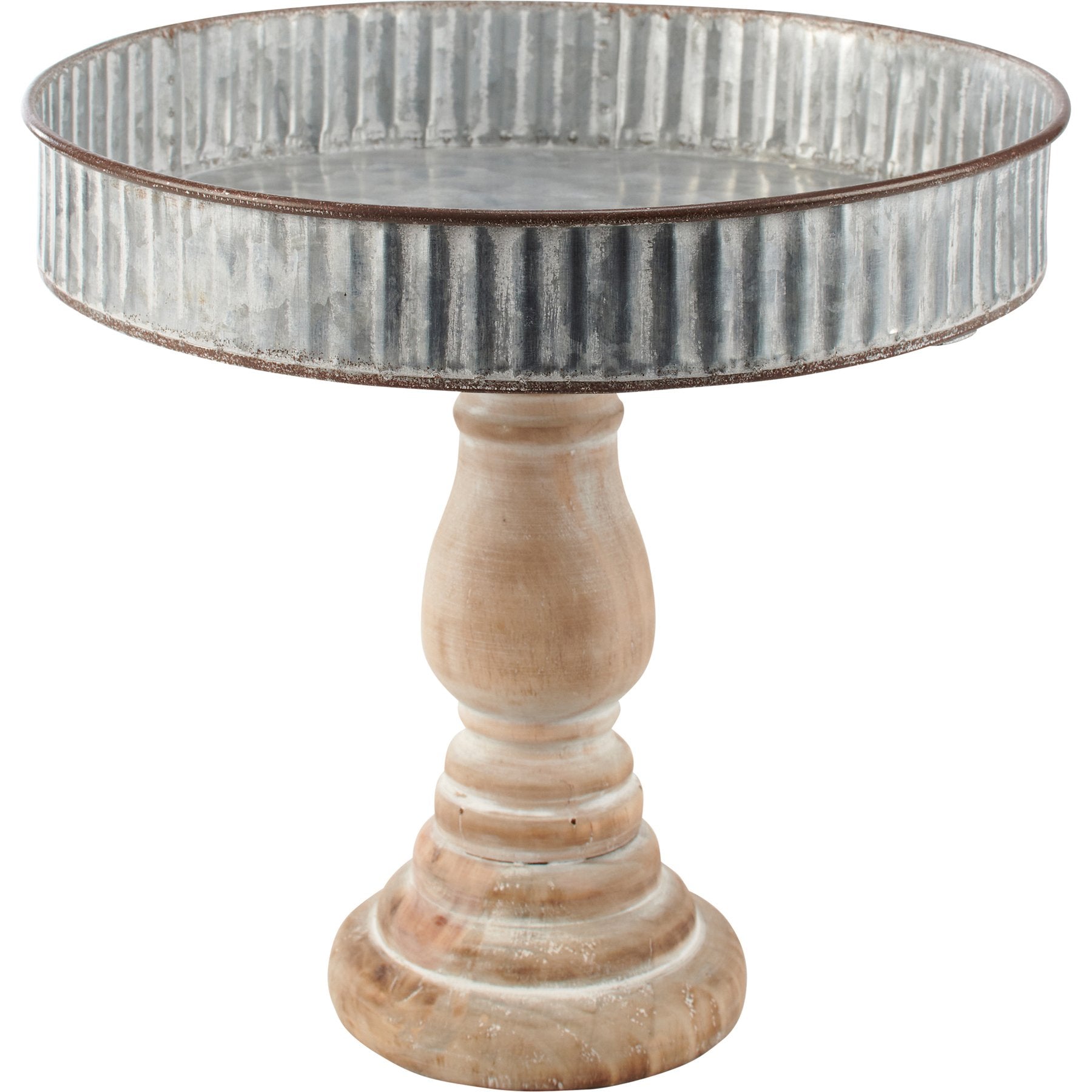 Rustic Farmhouse Primitive Pedestal Tray - Distressed Wood & Galvanized Metal Accent